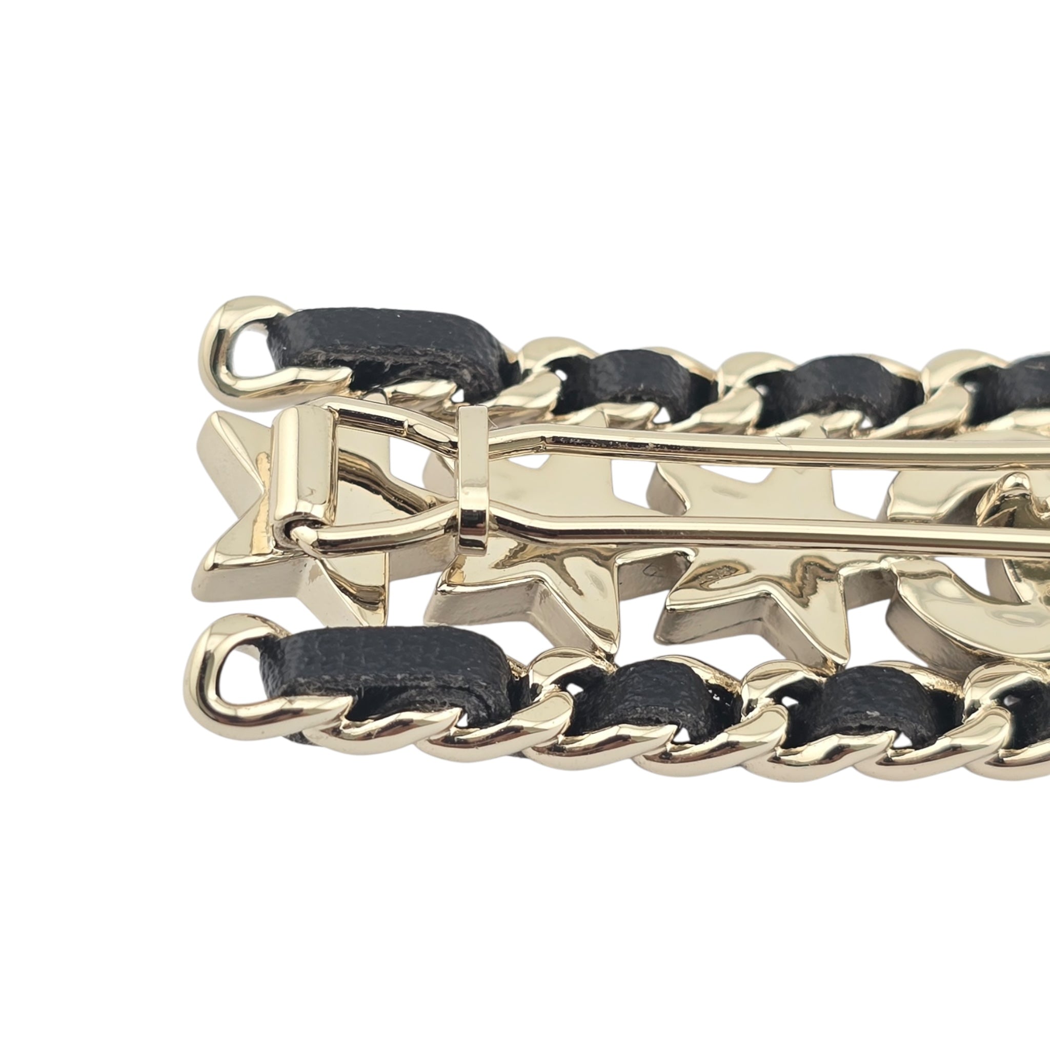 Chanel CC Black Leather Crystal Hair Barrette Clip B23