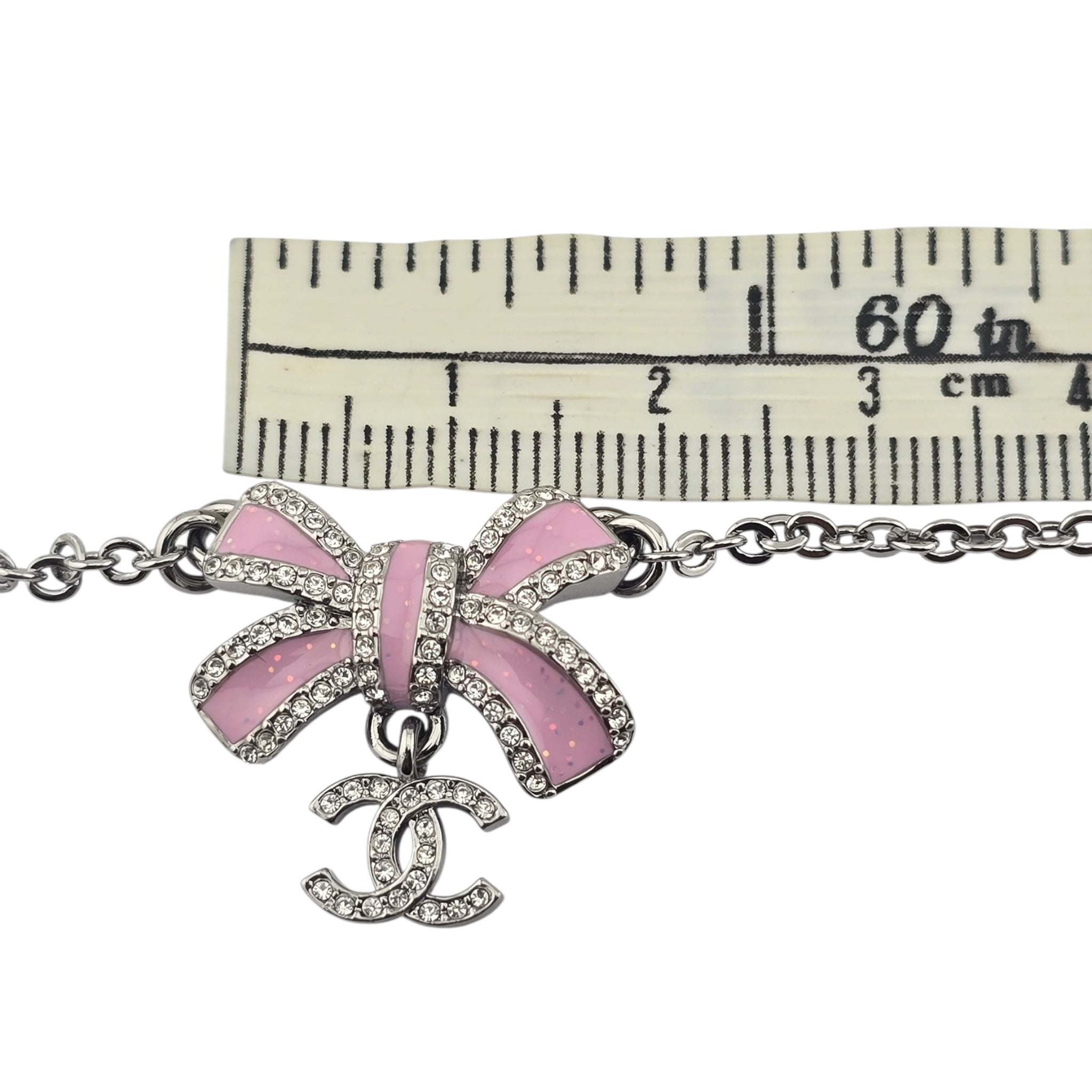Chanel CC Silver Crystal Enamel Bow Necklace 2025