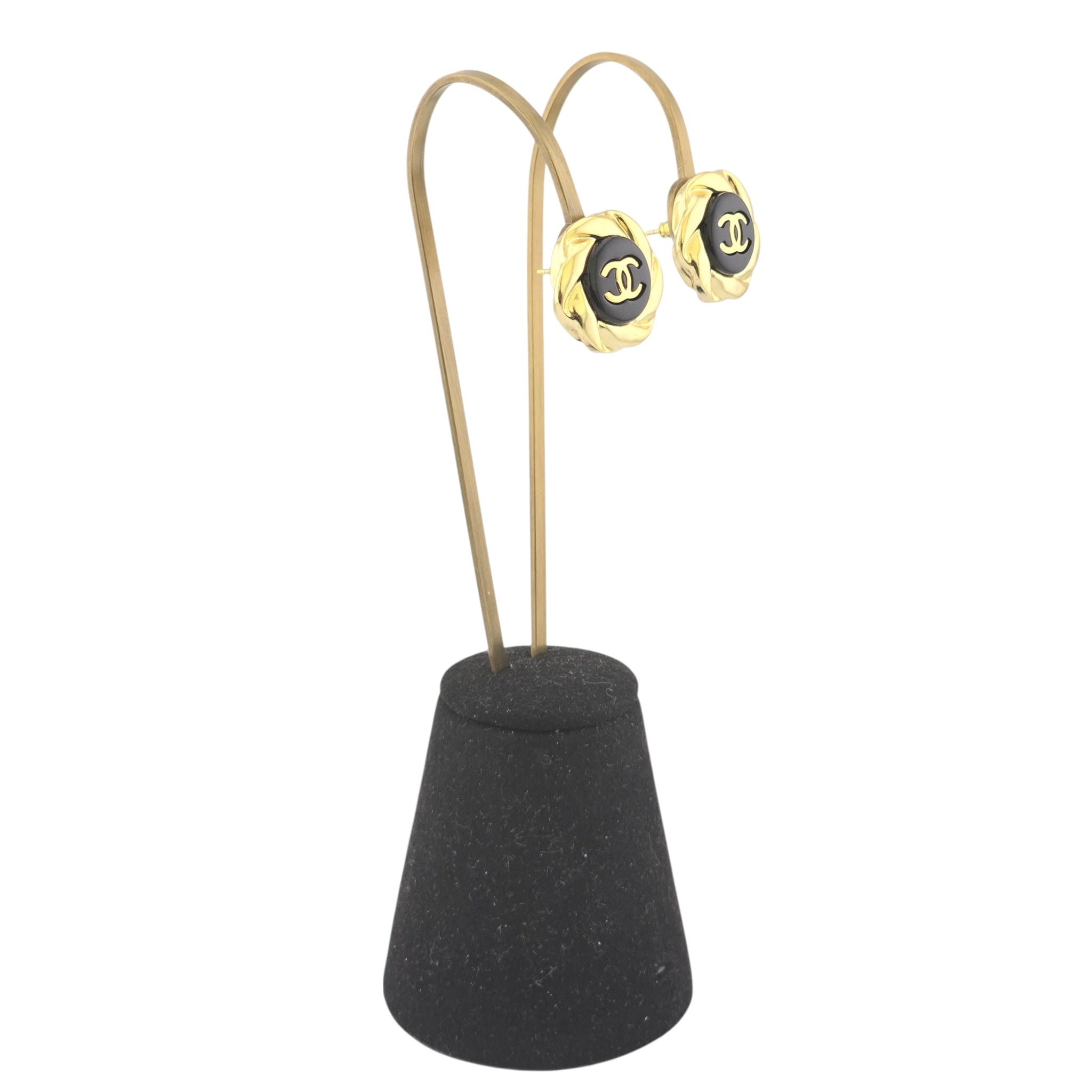 Chanel Resin CC Round Earrings Gold Black A22