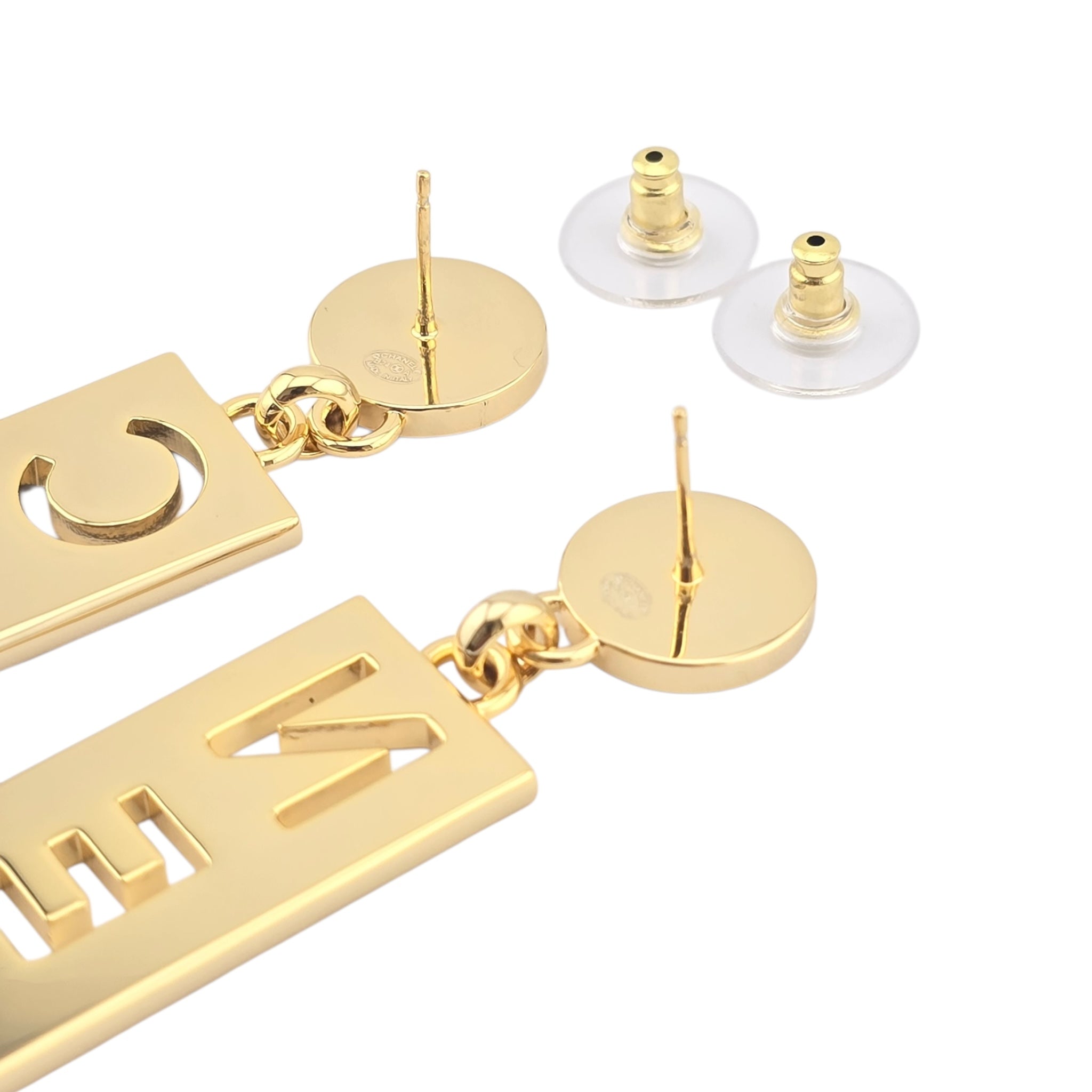 Chanel Metal Enamel Cha-Nel Logo Drop Earrings CHANEL