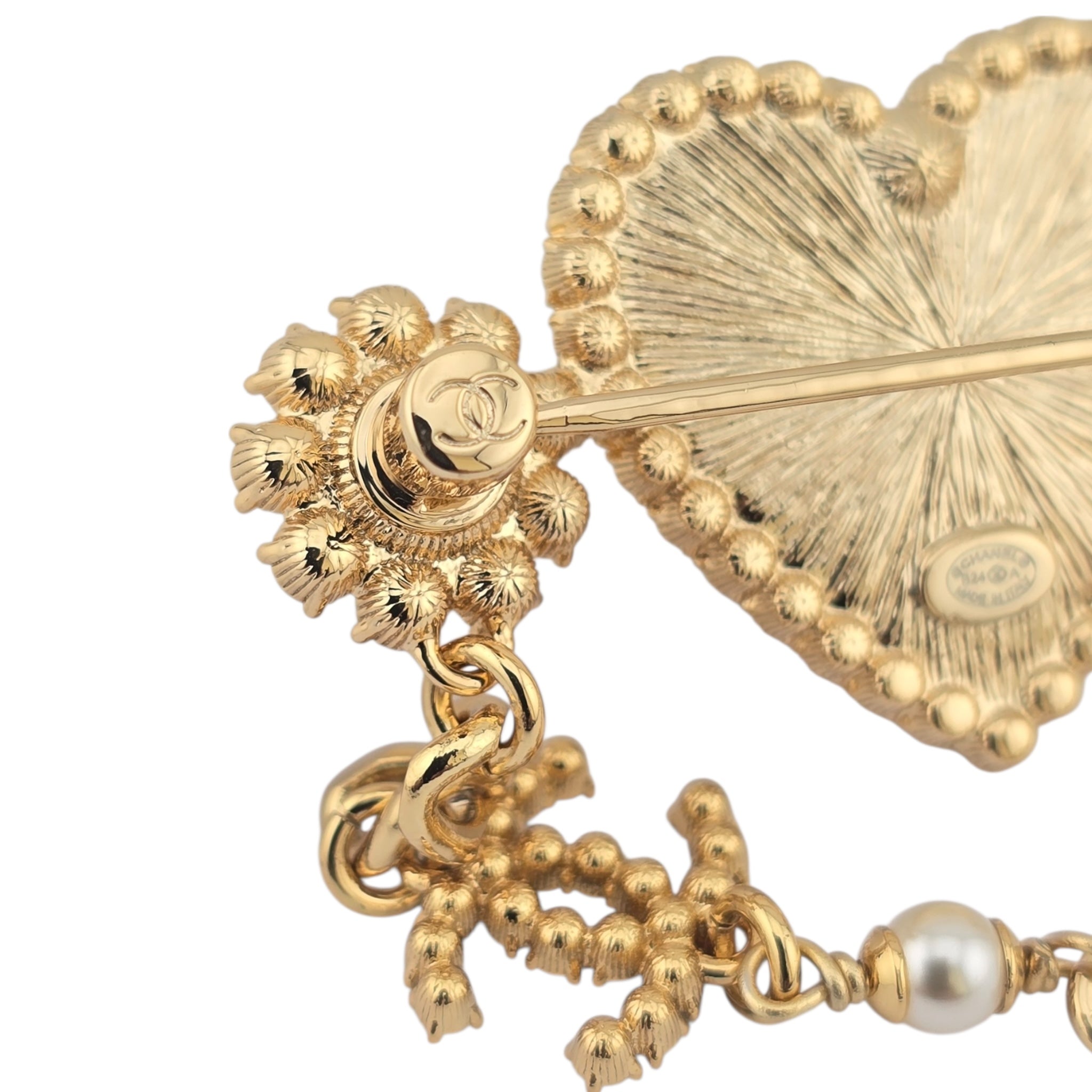Chanel CC Gold Heart Crystal Faux Pearl Brooch 2024 CHANEL
