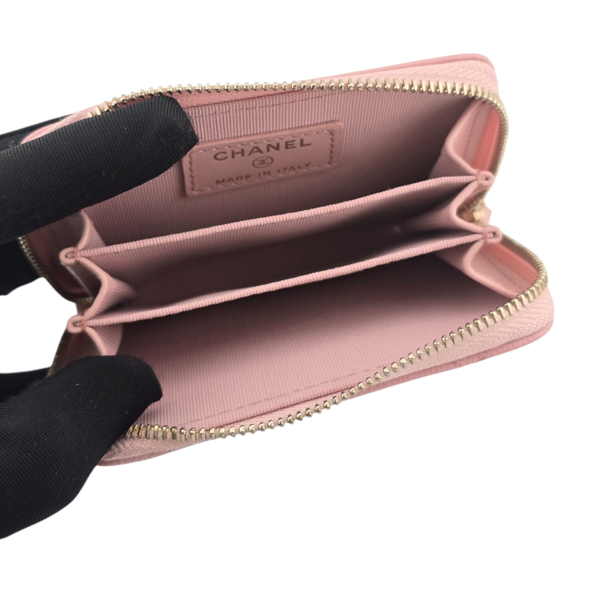 Chanel CC Caviar Classic Zip Coin Purse Card Holder Pink Gold CHANEL