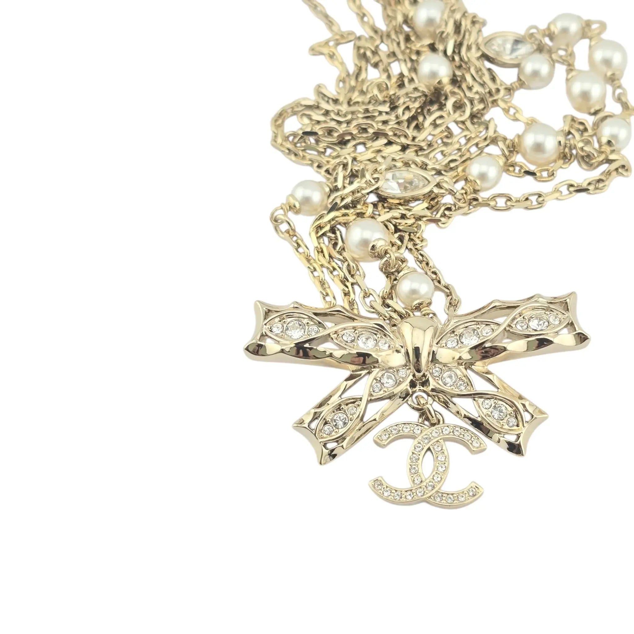 Chanel CC Bow Crystal Faux Pearl Necklace 2024 CHANEL