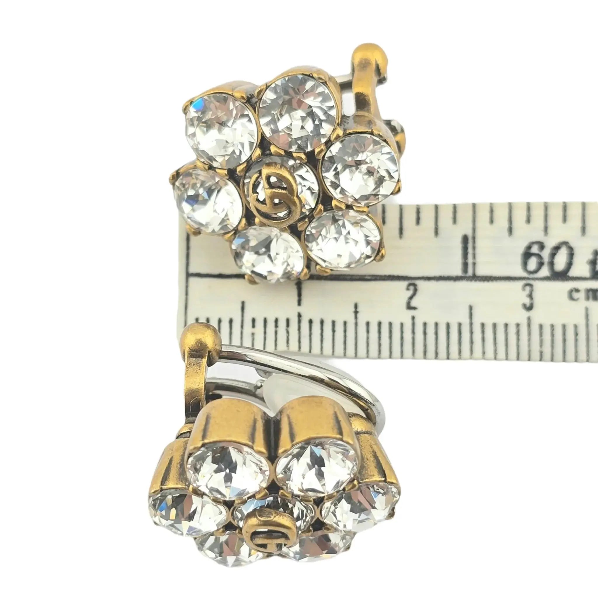GUCCI Metal Crystal Double G Clip On Earrings Aged Gold GUCCI