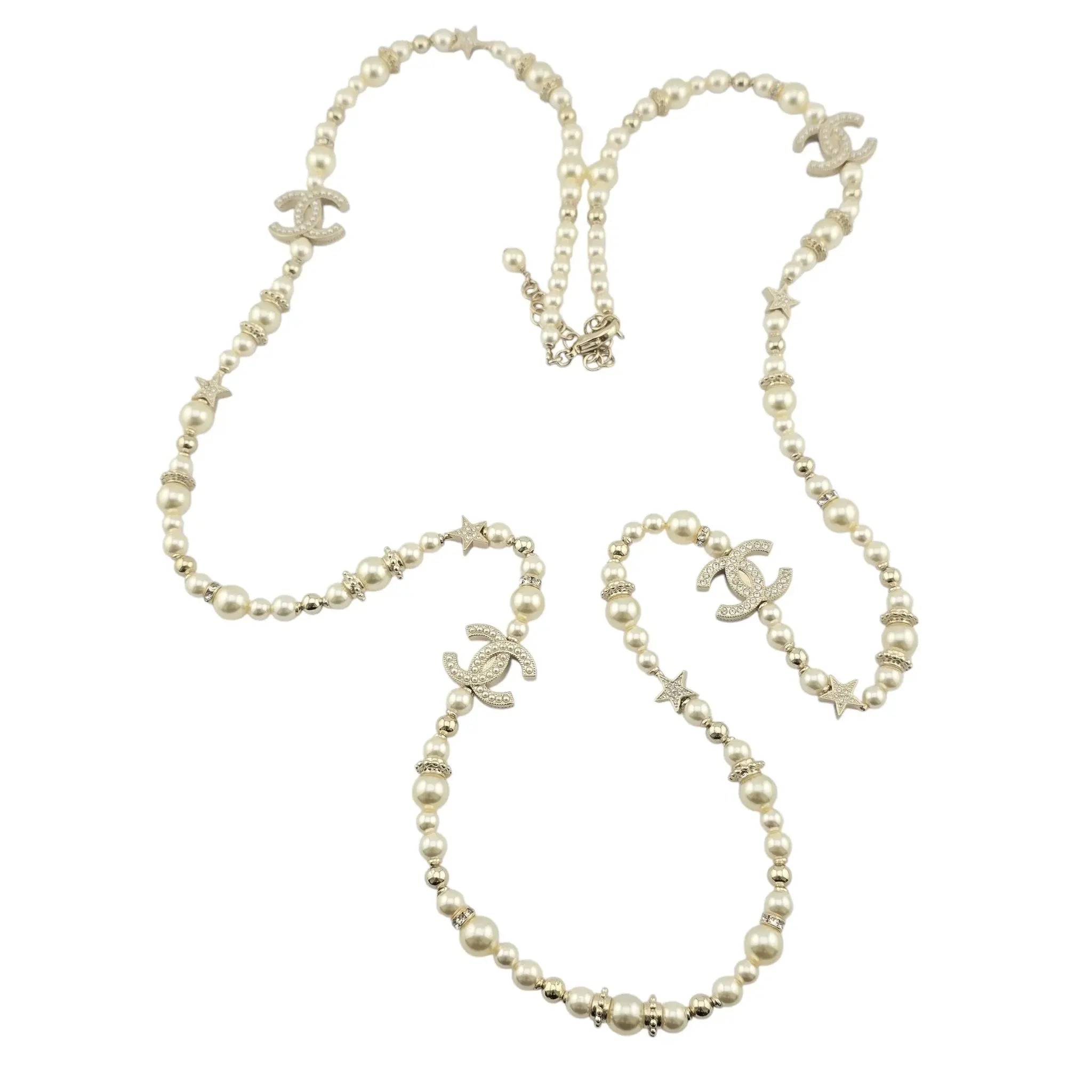 Chanel CC Long Faux Pearl Necklace Star Crystals 2023 CHANEL