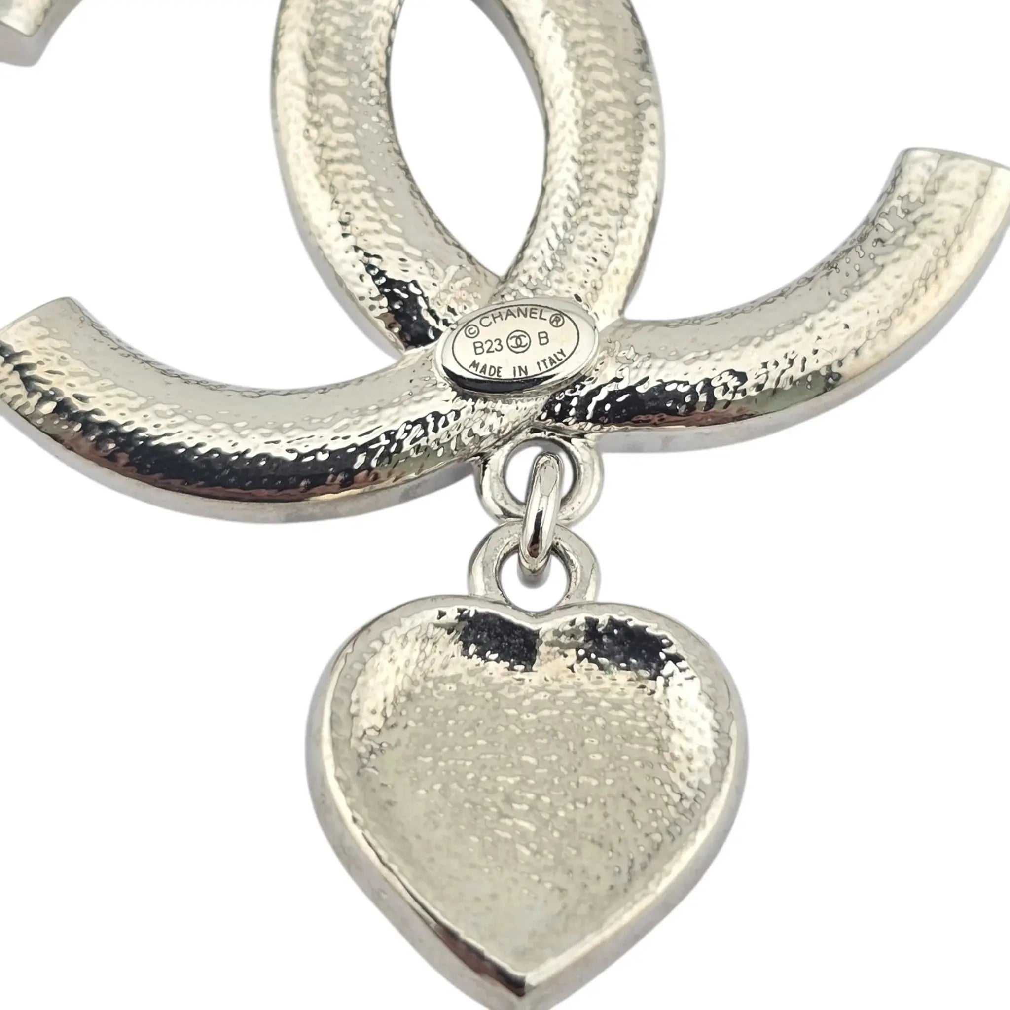 Chanel Crystal Pearl CC Heart Drop Brooch Silver B23 CHANEL