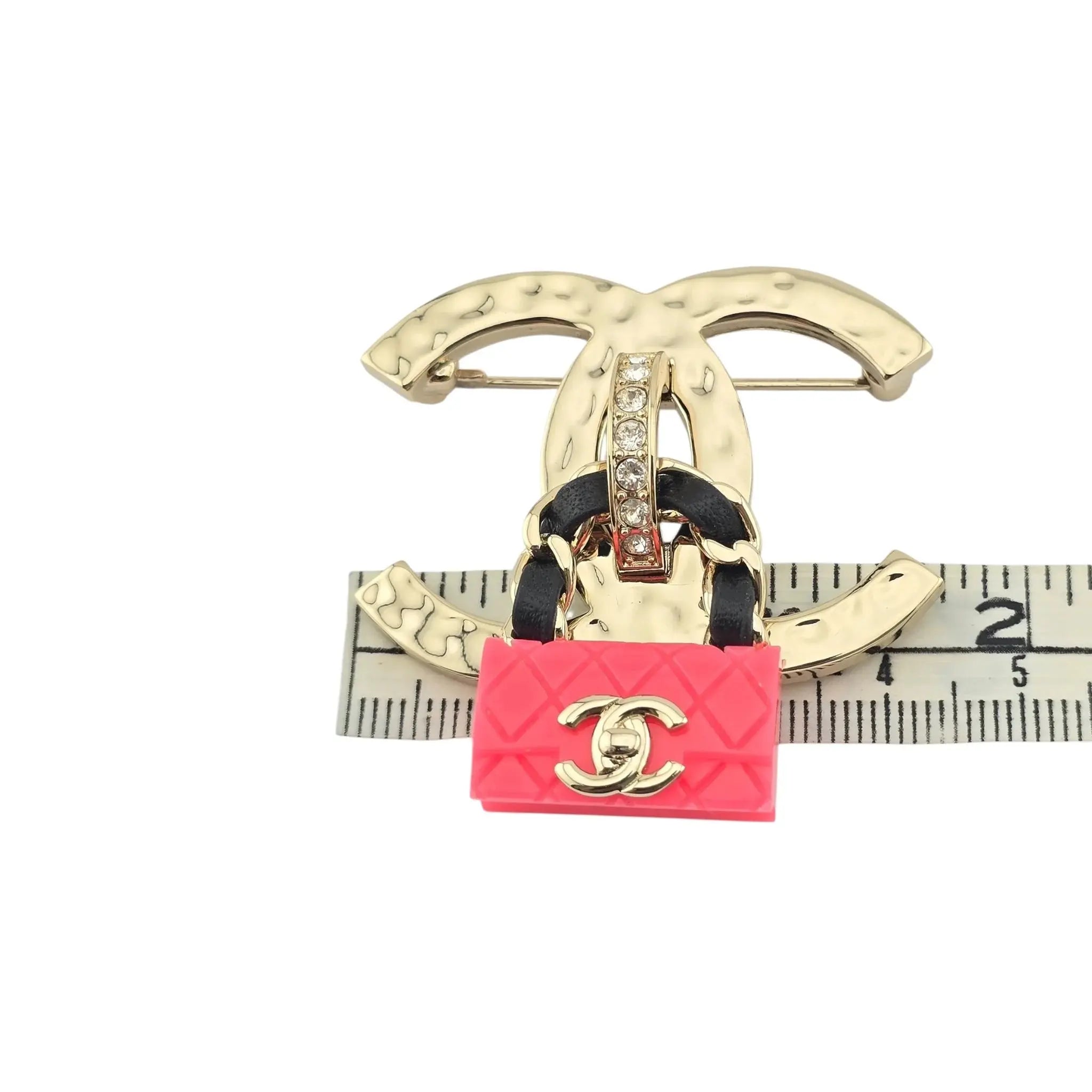Chanel CC Crystal Resin Flap Bag Brooch Gold Pink 2023 CHANEL