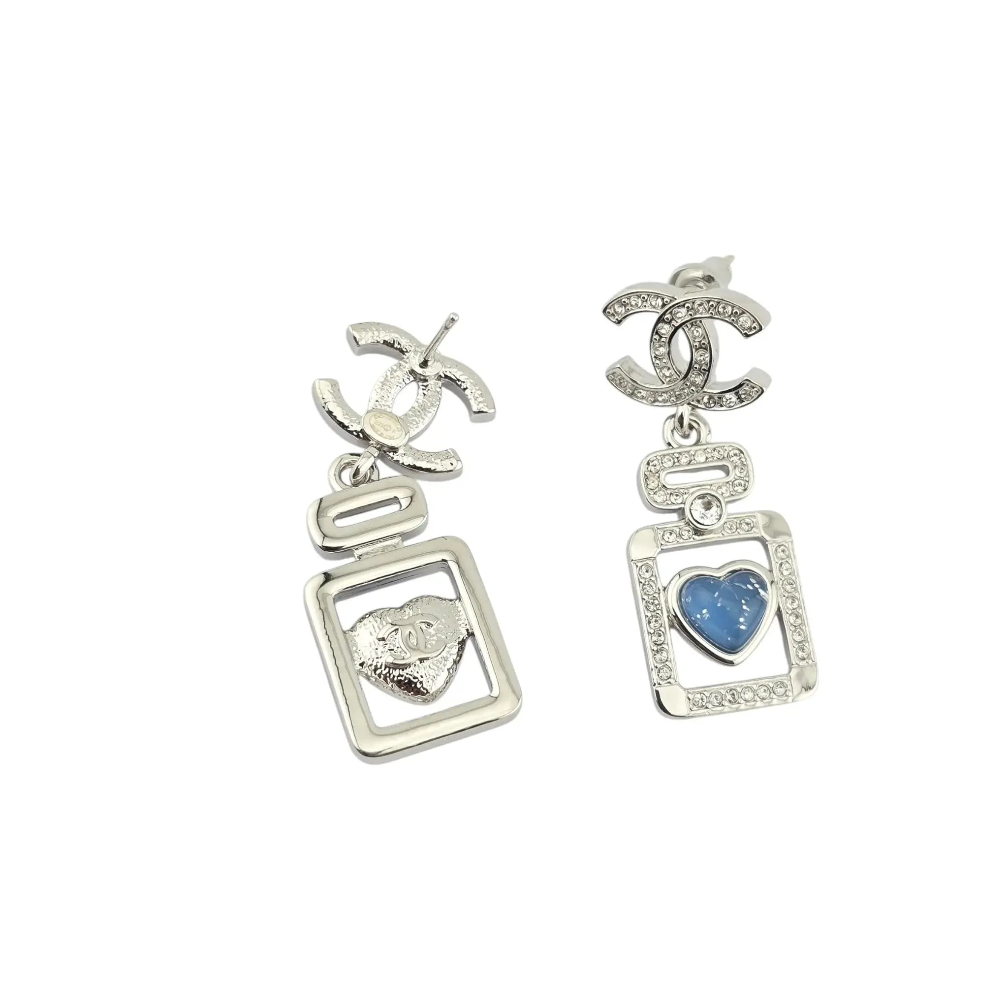 Chanel CC Silver Blue Heart Bottle Drop Earrings 2025 CHANEL