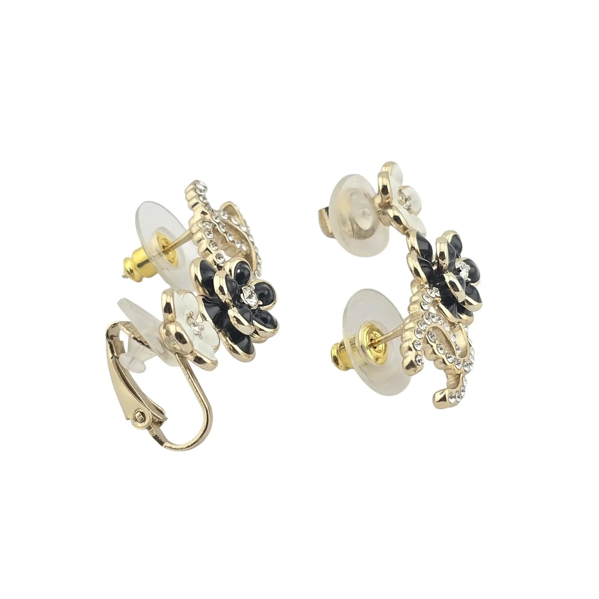 Chanel CC Crystal Enamel Camelia Clip On Stud Earrings Black White CHANEL