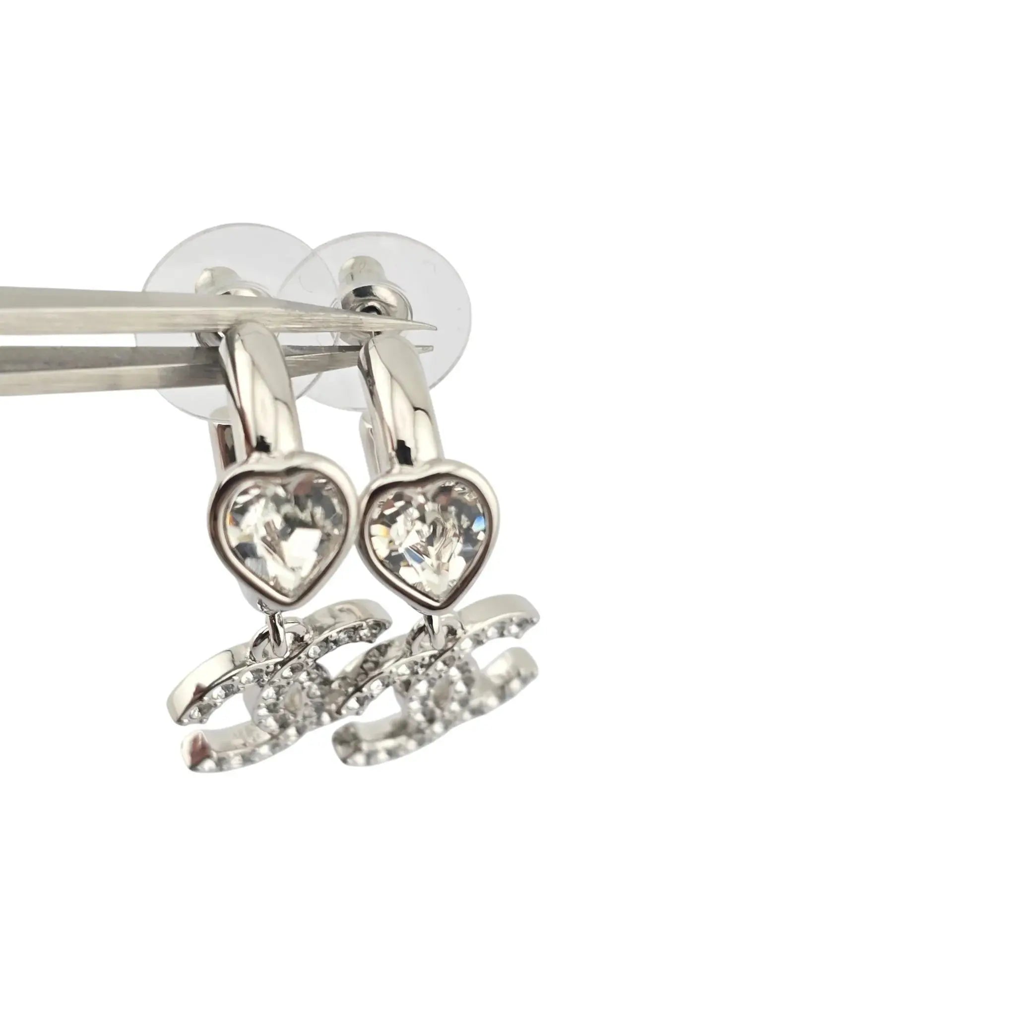 Chanel CC Crystal Heart Drop Silver Earrings 2025 CHANEL
