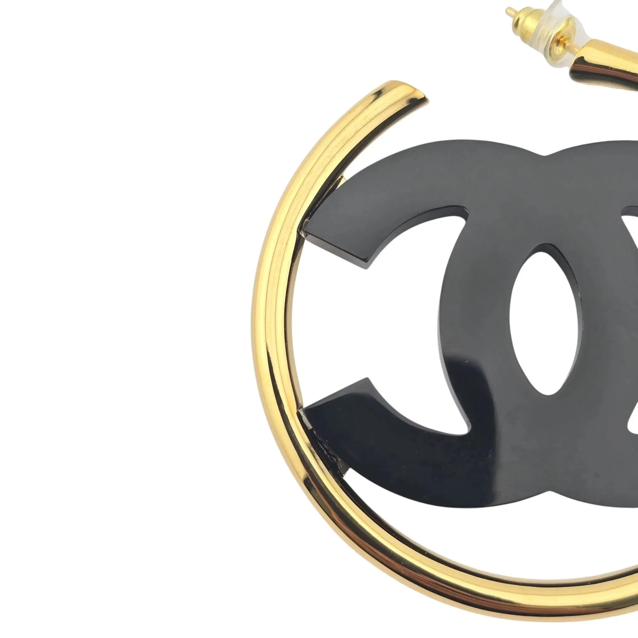 Chanel CC Black/Gold Hoop Earrings B24 CHANEL