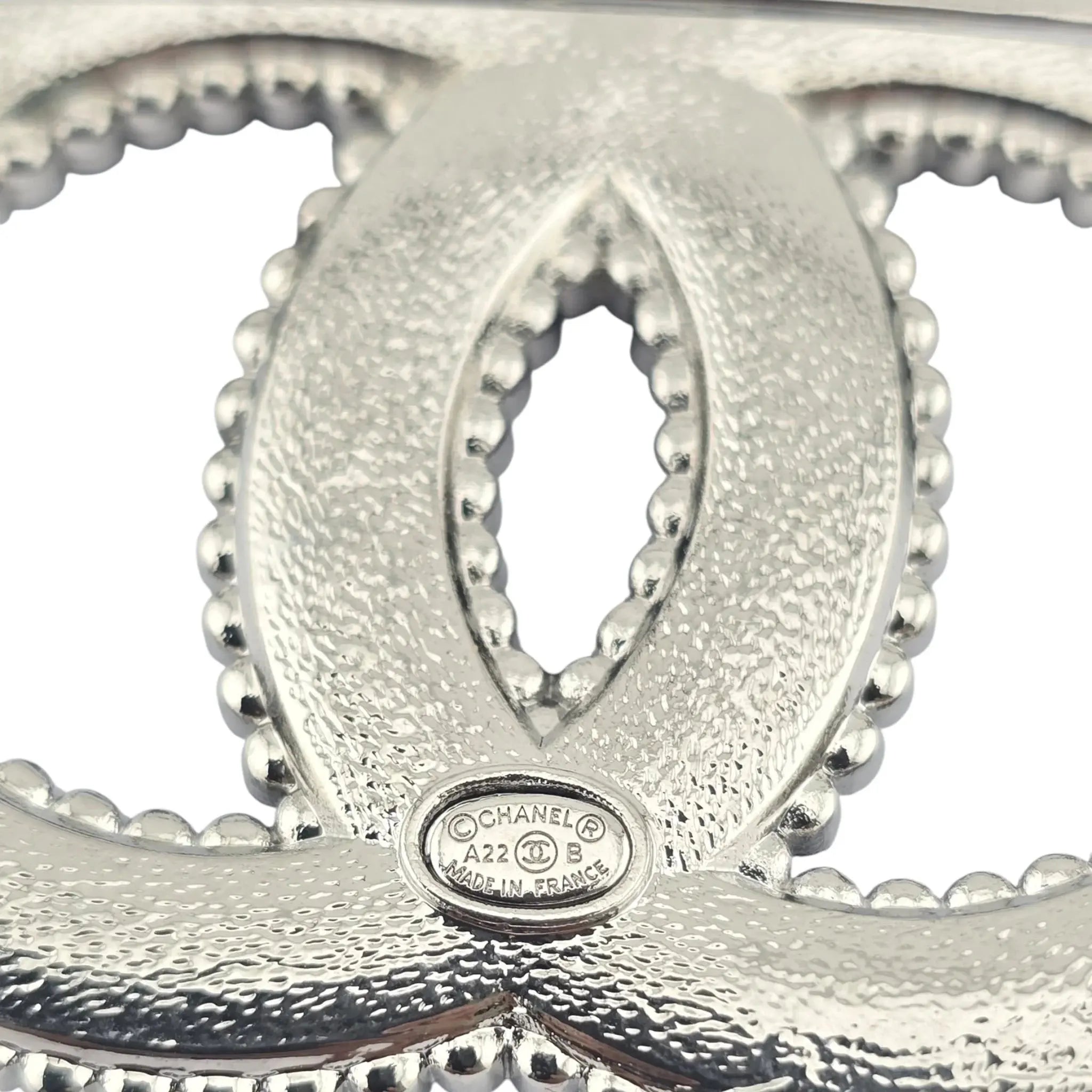 Chanel CC Crystal Leather Silver Tone Pin Brooch 2022 CHANEL
