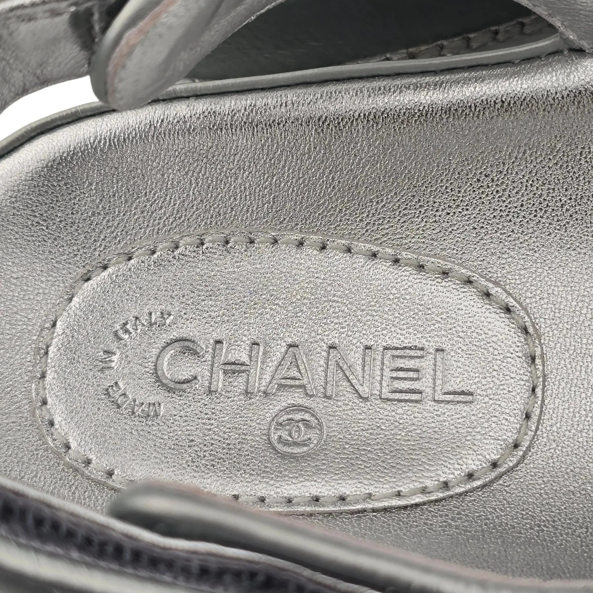 Chanel CC Silver Metallic Leather Dad Sandals CHANEL