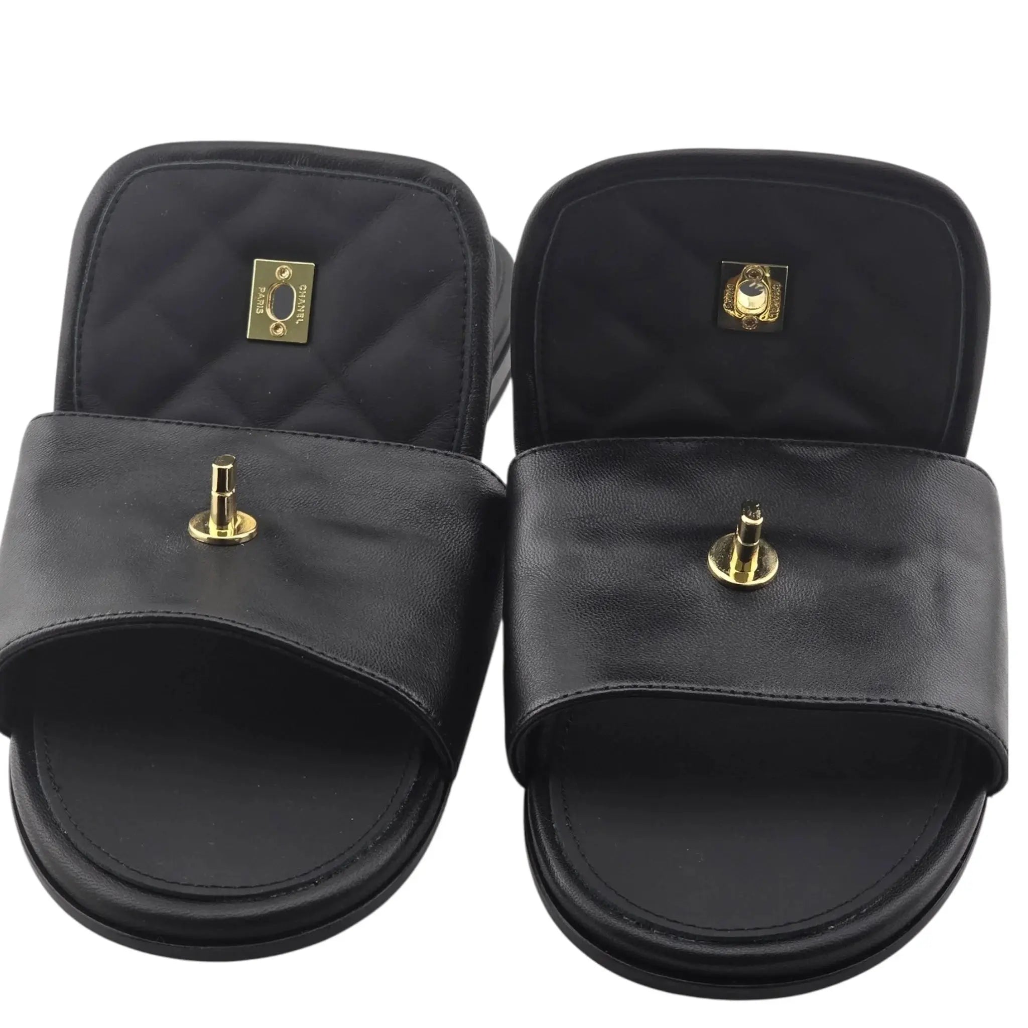 Chanel CC Lambskin Quilted Turnlock Black Gold Sandals 39 CHANEL