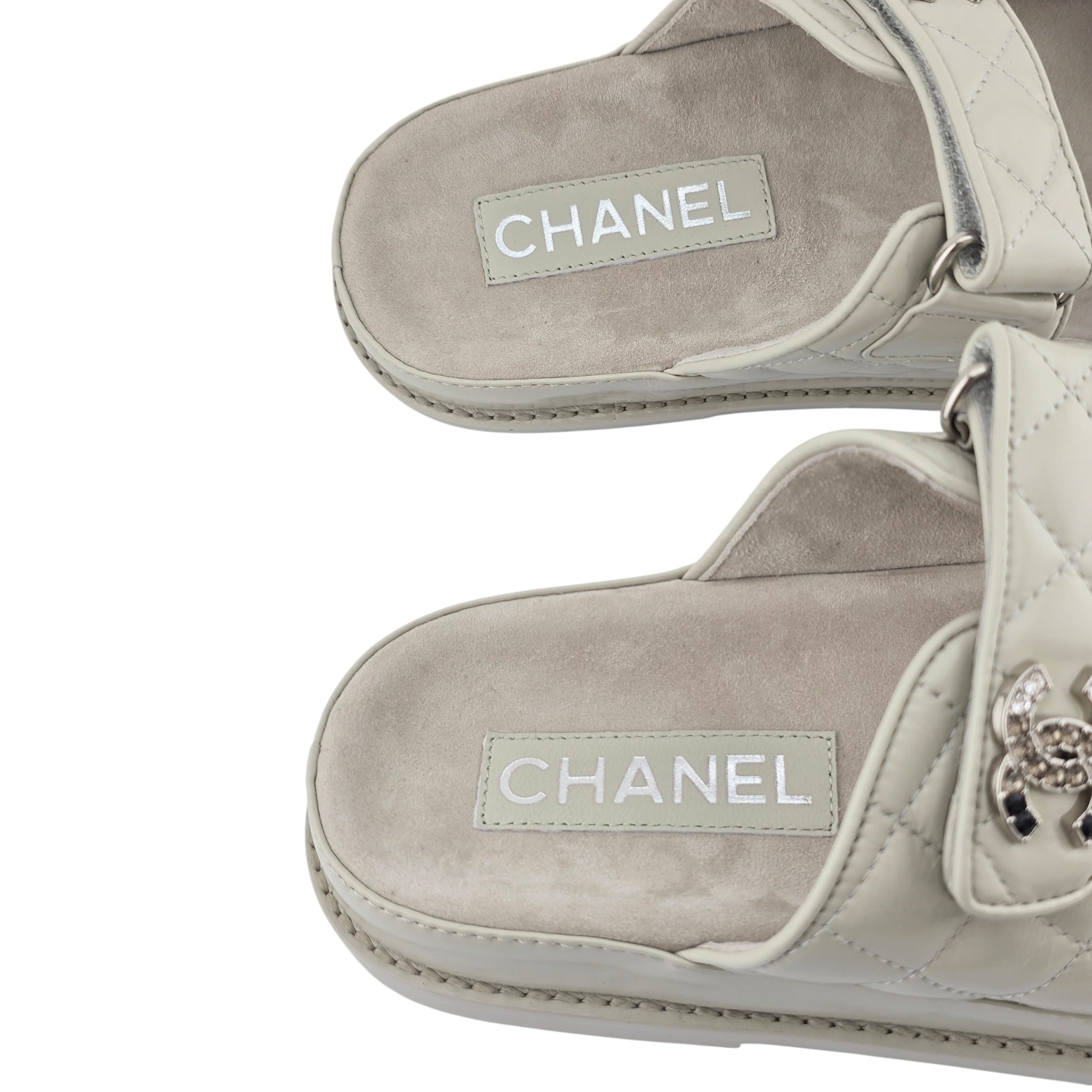 Chanel CC Dad Backless Cream White Quilt Sandals 39