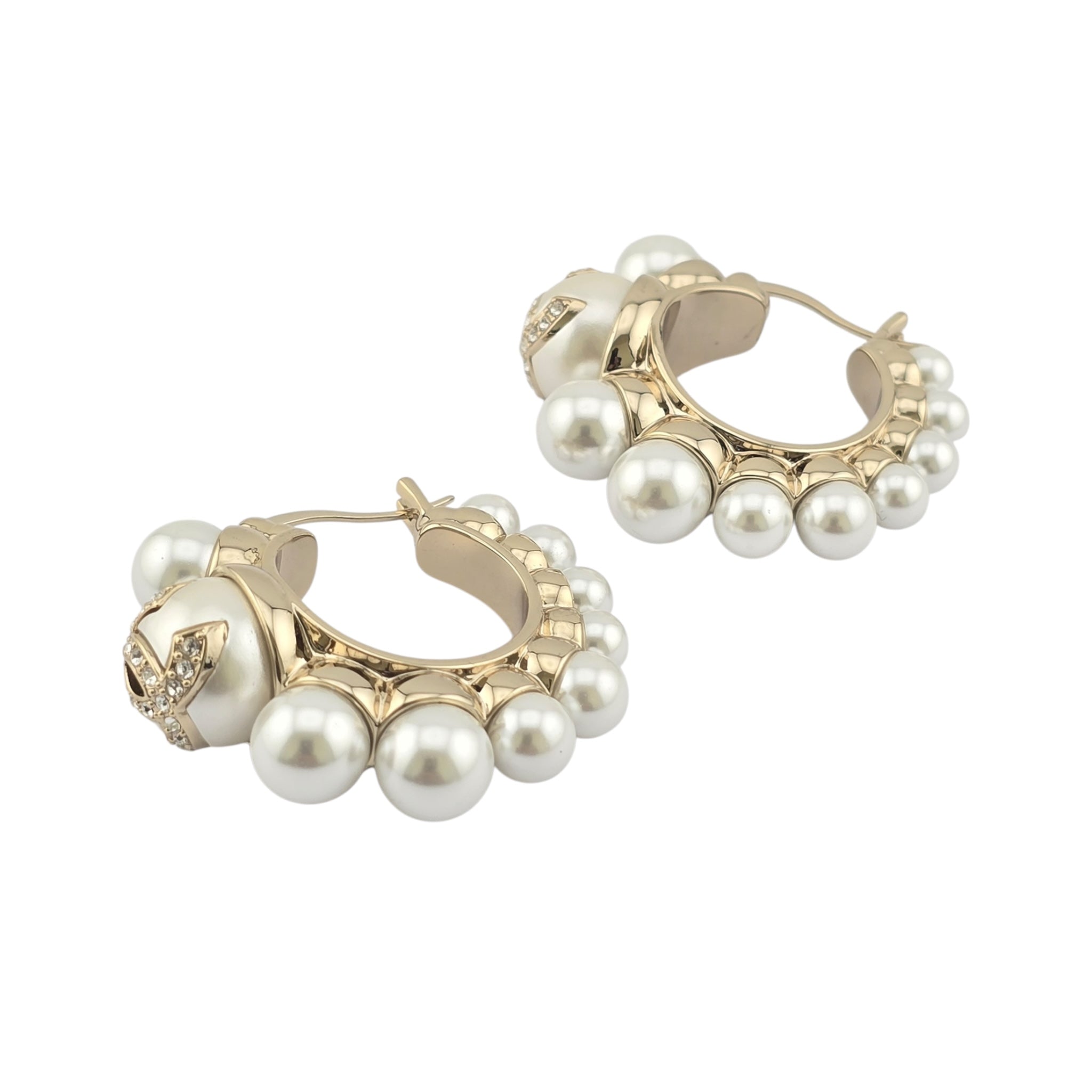 Chanel CC Gold Faux Pearl Hoop Earrings