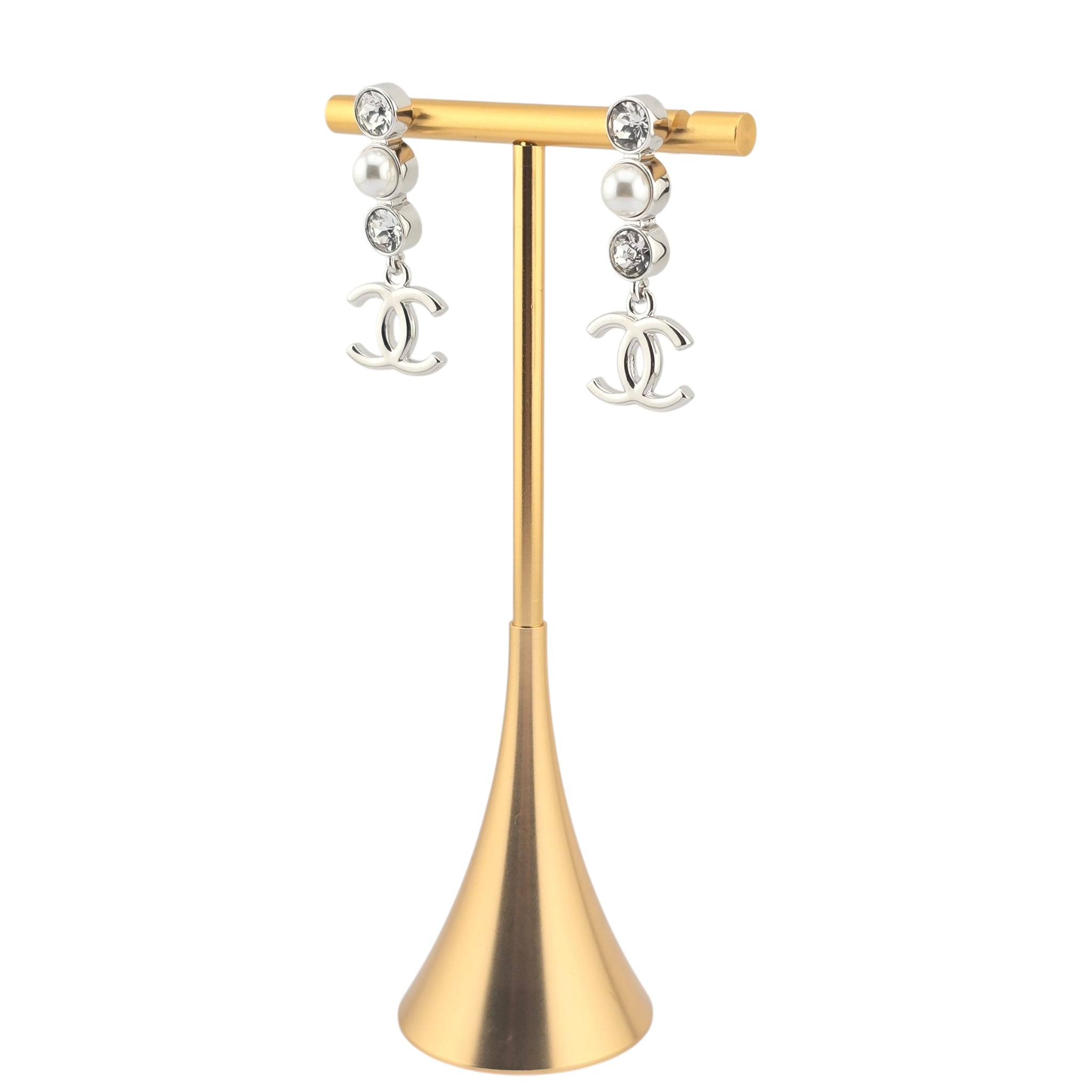 Chanel CC Silver Crystal Pearl Earrings 2025 CHANEL