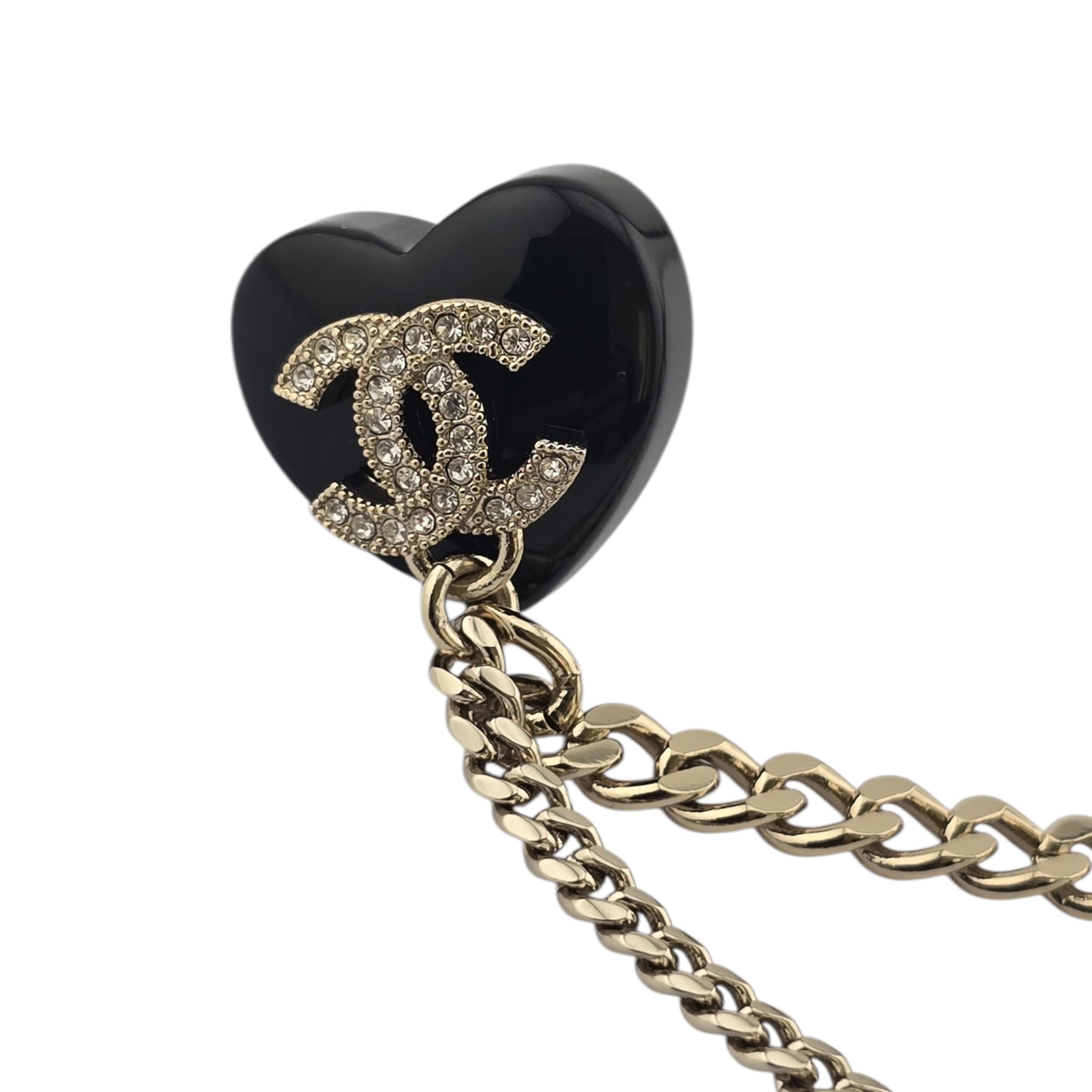Chanel CC Black Resin Heart Chain Brooch CHANEL