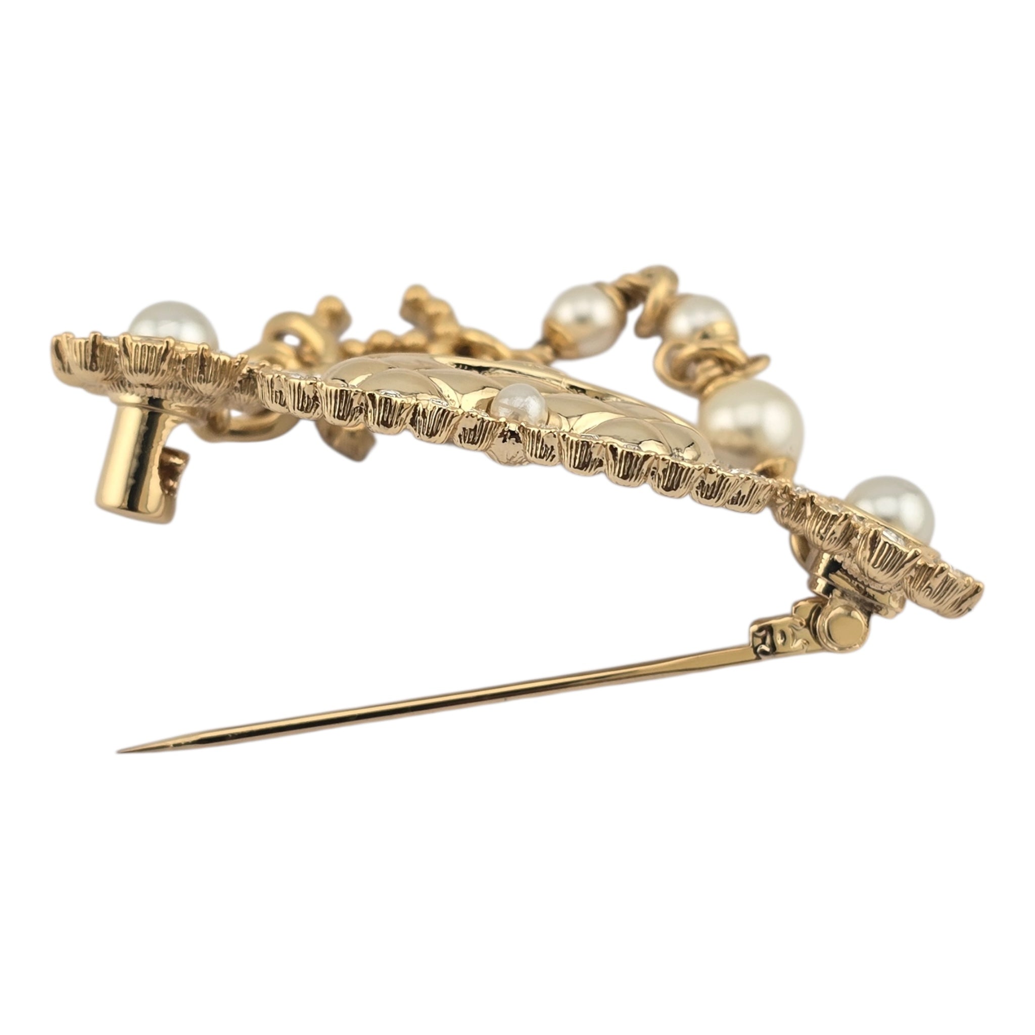 Chanel CC Gold Heart Crystal Faux Pearl Brooch 2024 CHANEL