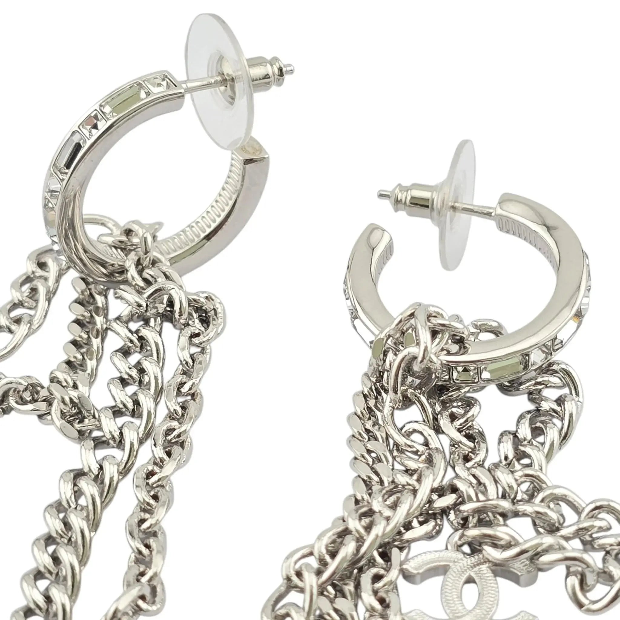 Chanel CC Chain Crystal Silver Hoop Earrings 22P CHANEL