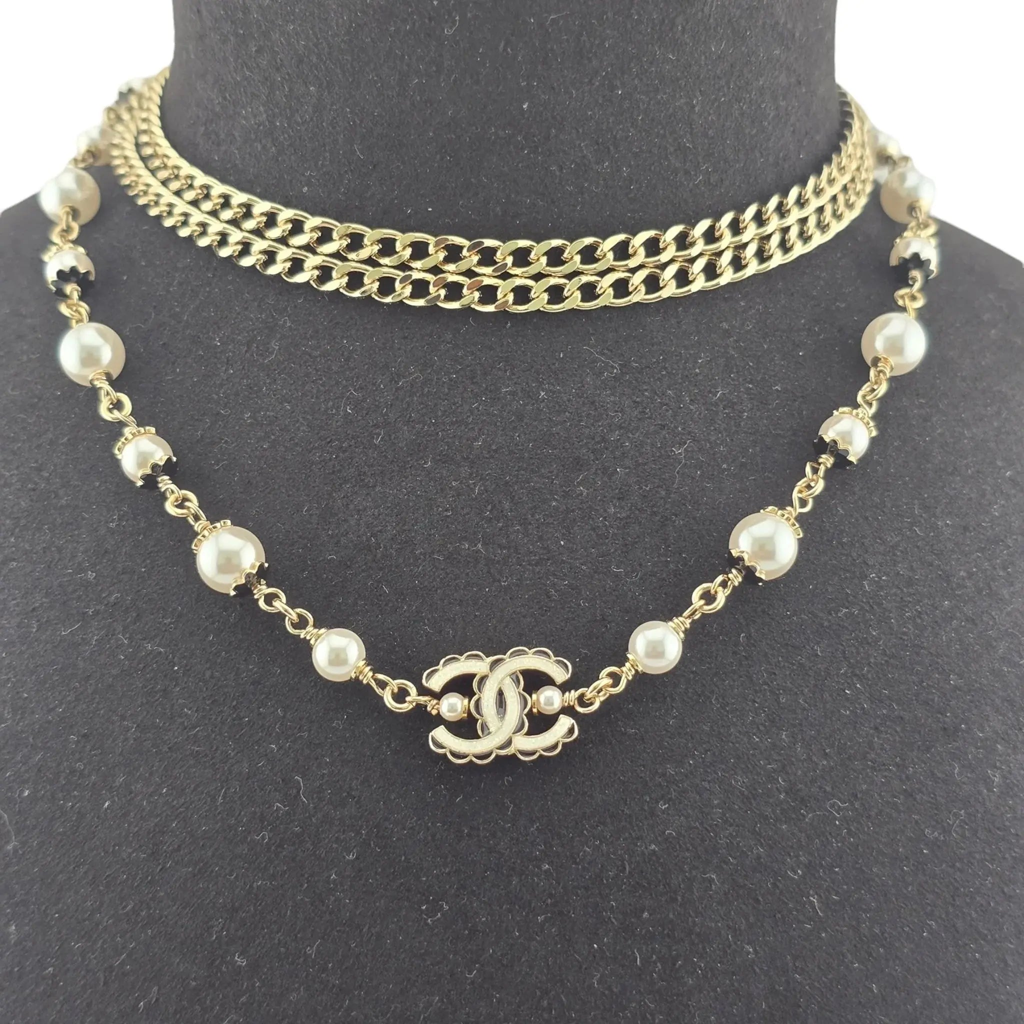 Chanel CC Pearl Gold Long Necklace Black White 2024 CHANEL