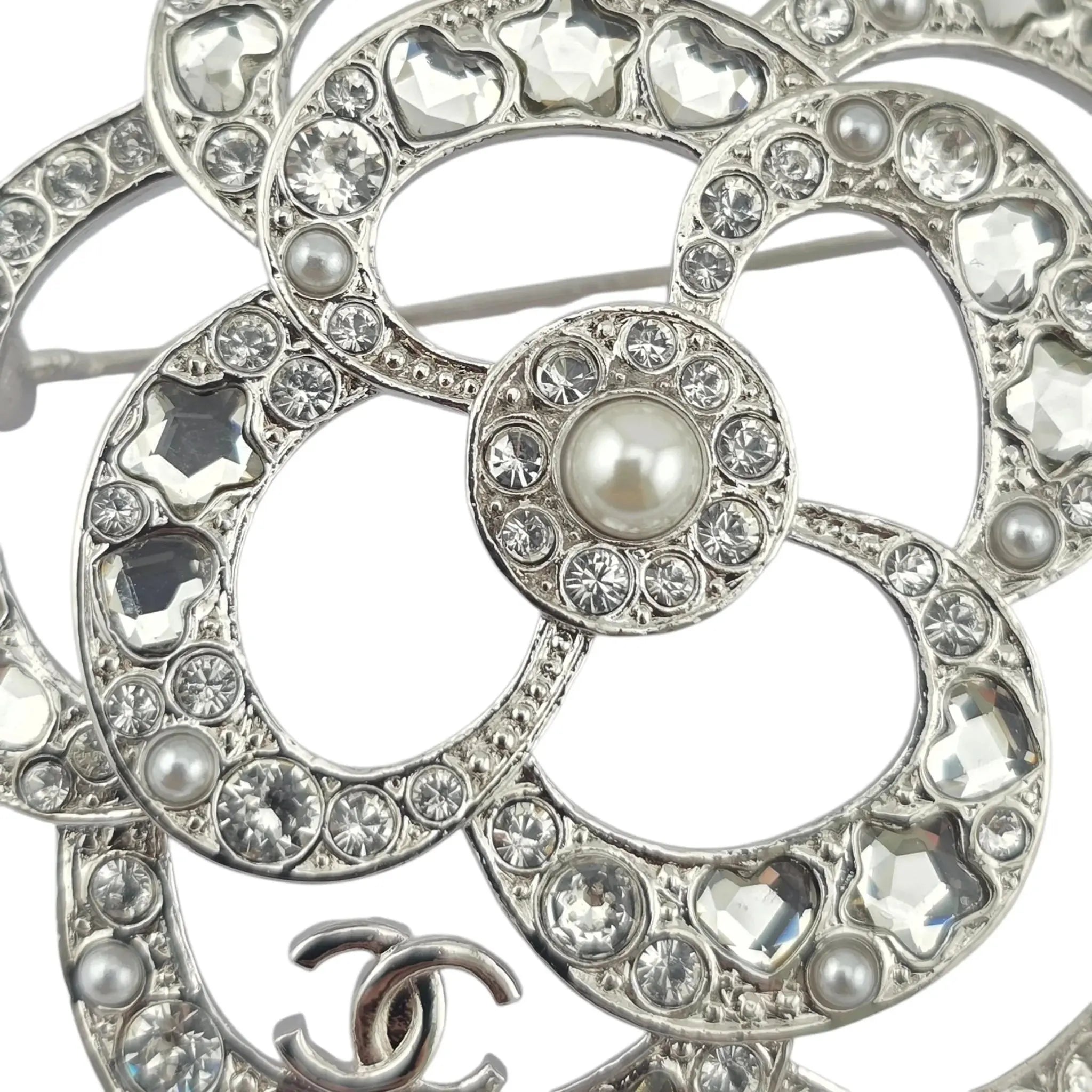 Chanel CC Silver Crystal Camellia Flower Brooch 2025 CHANEL