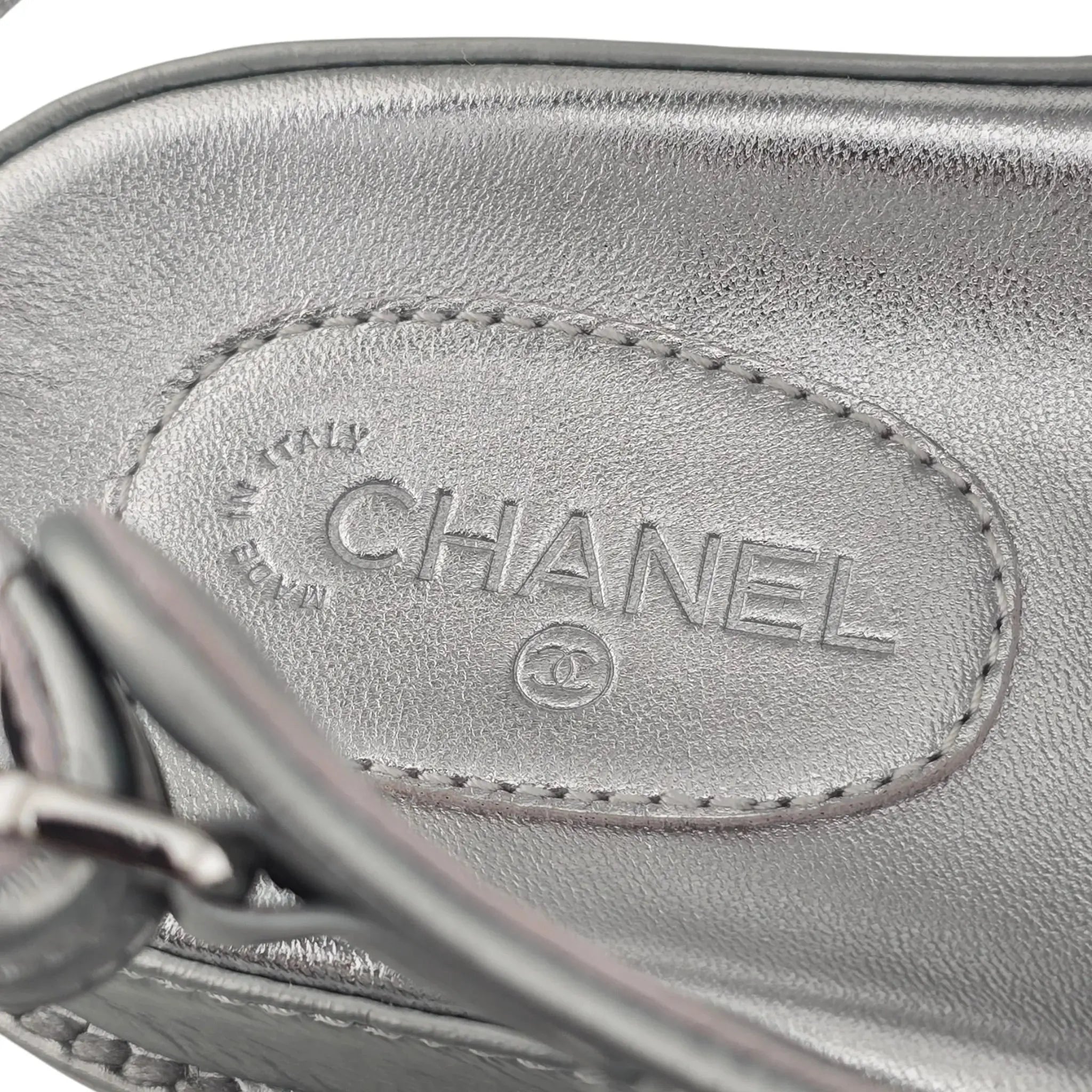 Chanel CC Silver Metallic Leather Dad Sandals CHANEL