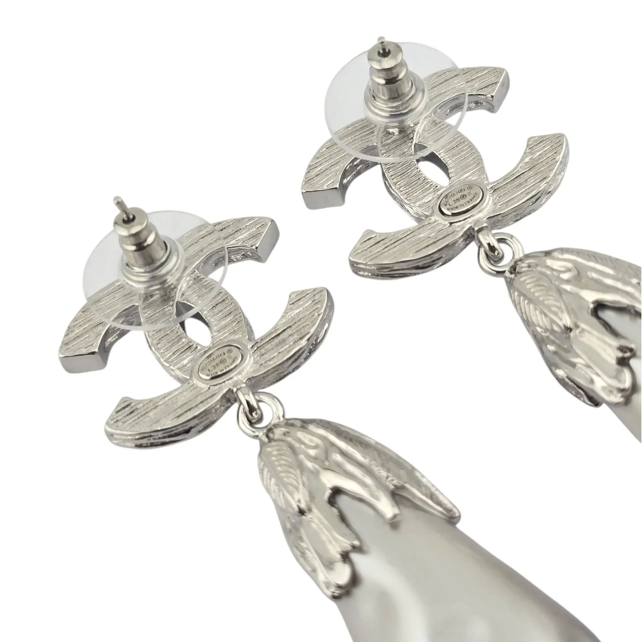 Chanel CC Faux Pearl Silver Leaf Earrings 2025 CHANEL