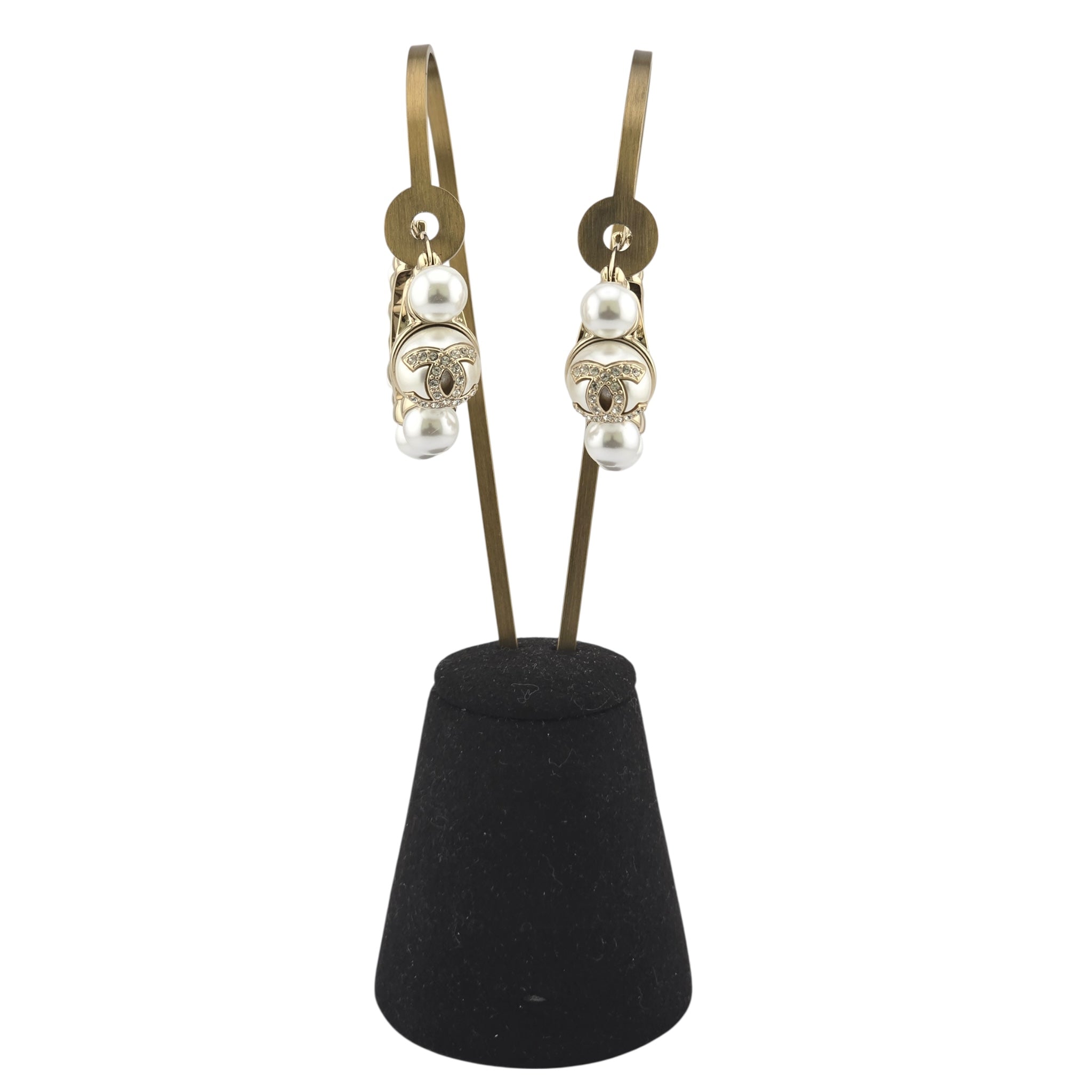 Chanel CC Gold Faux Pearl Hoop Earrings