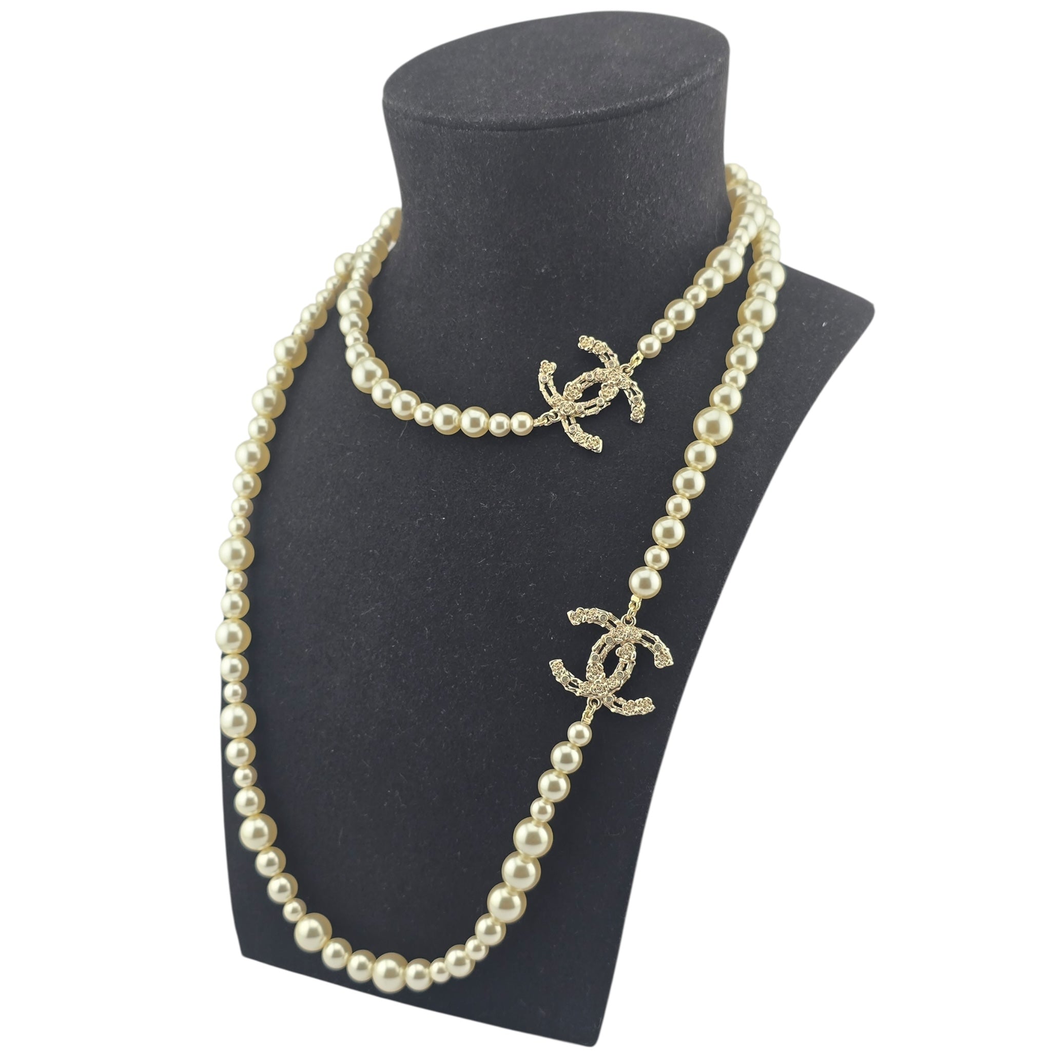 Chanel CC Faux Pearl Crystal Long Floral Necklace 2021 CHANEL