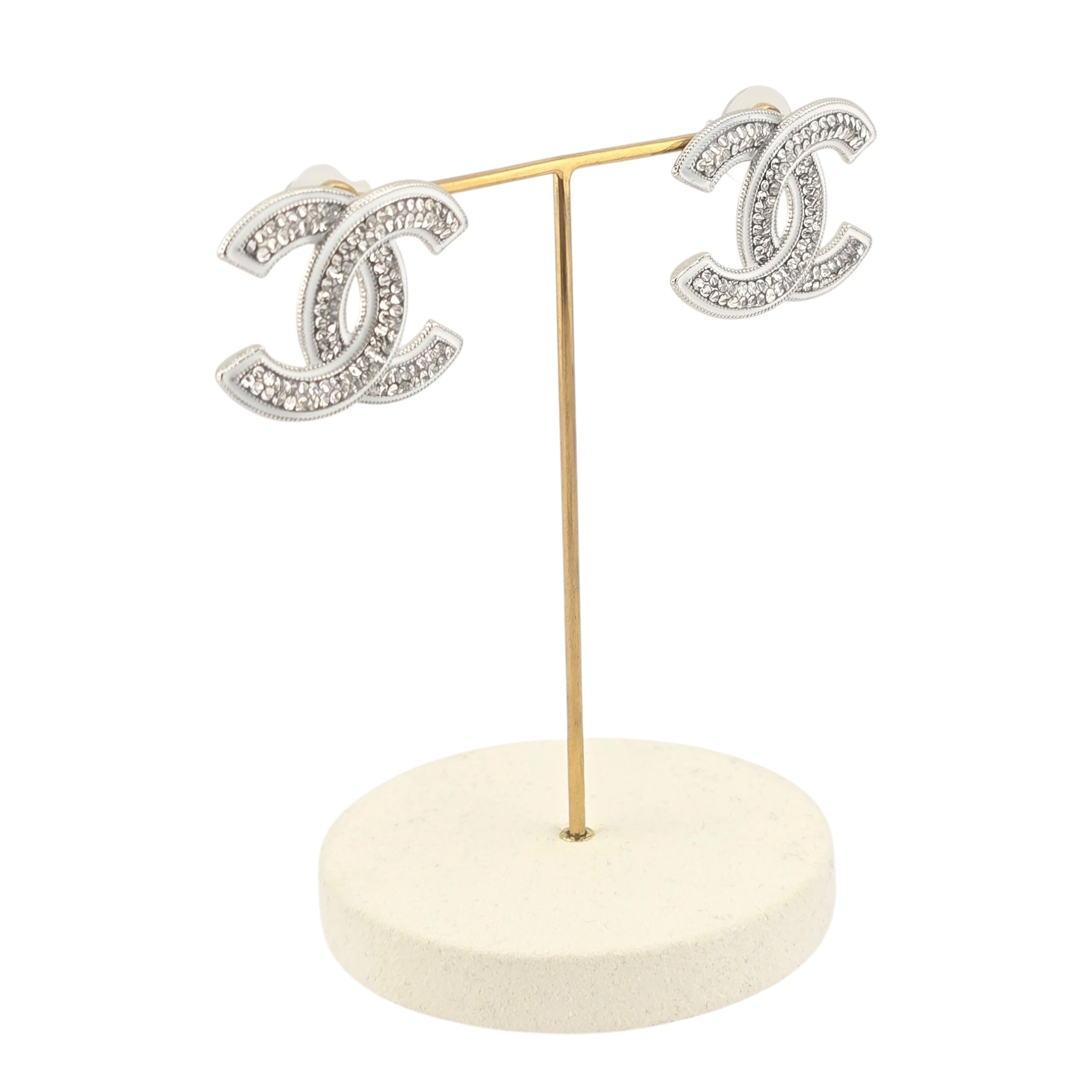 Chanel CC Silver Crystals Enamel Earrings 2025 CHANEL