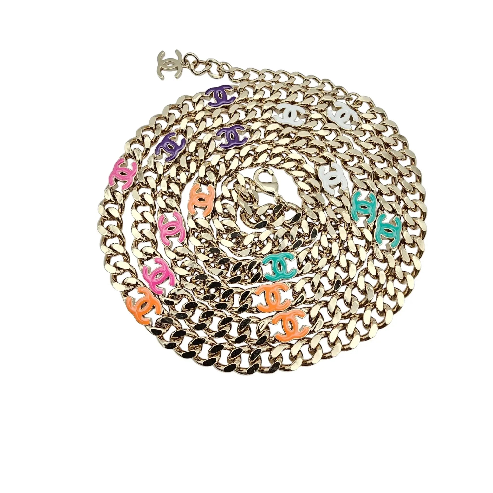 Chanel Metal Enamel Chain CC Long Necklace Gold Multicolor B24 BIJOUX HEAVEN