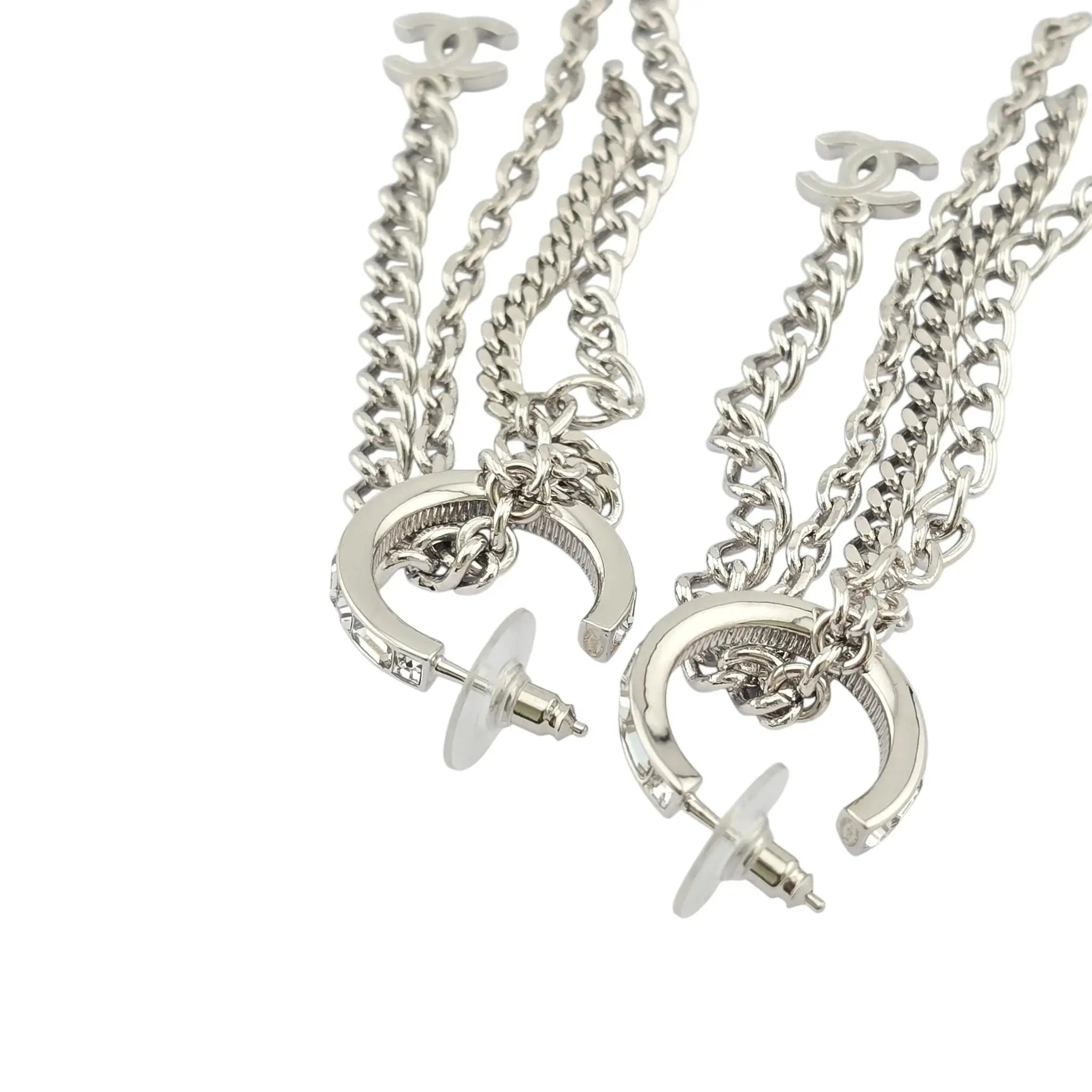 Chanel CC Chain Crystal Silver Hoop Earrings 22P CHANEL