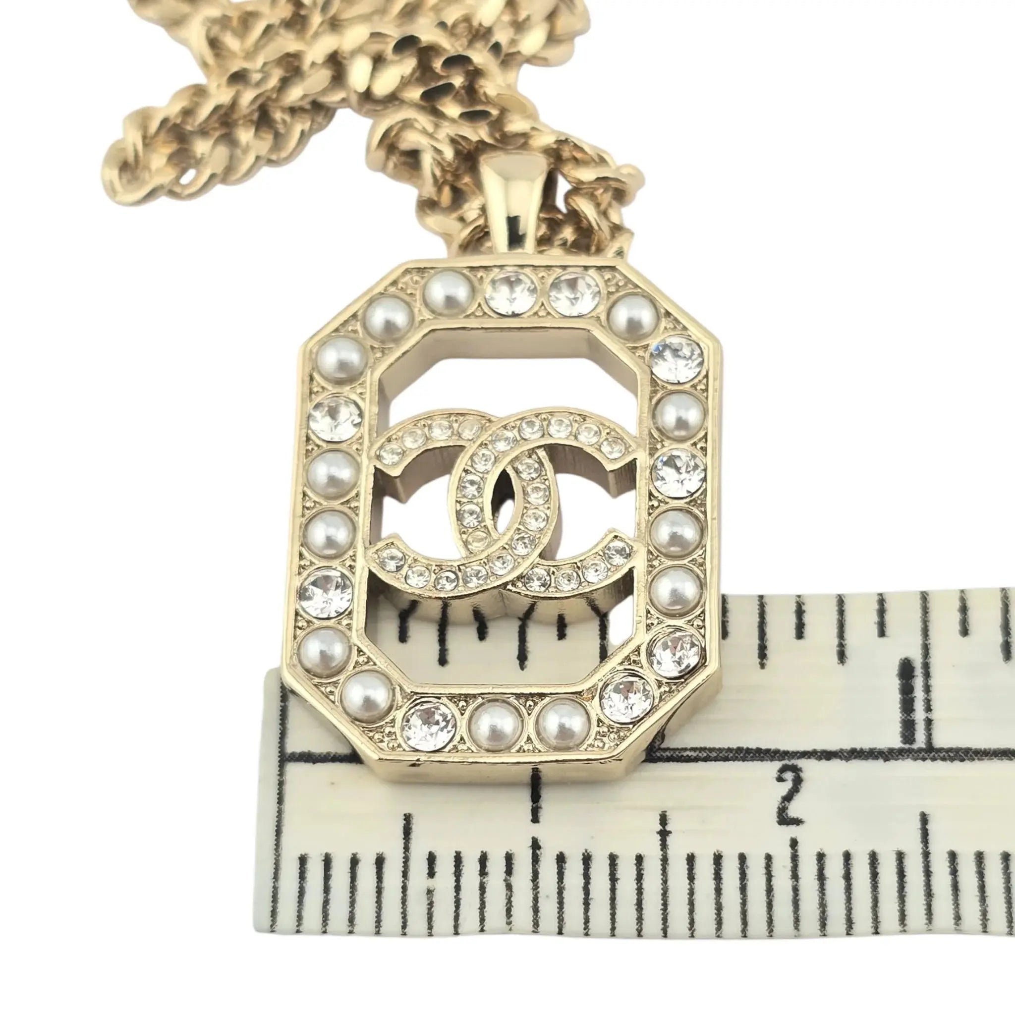 Chanel CC Crystal Pearl Square Pendant Necklace Gold 2023 CHANEL