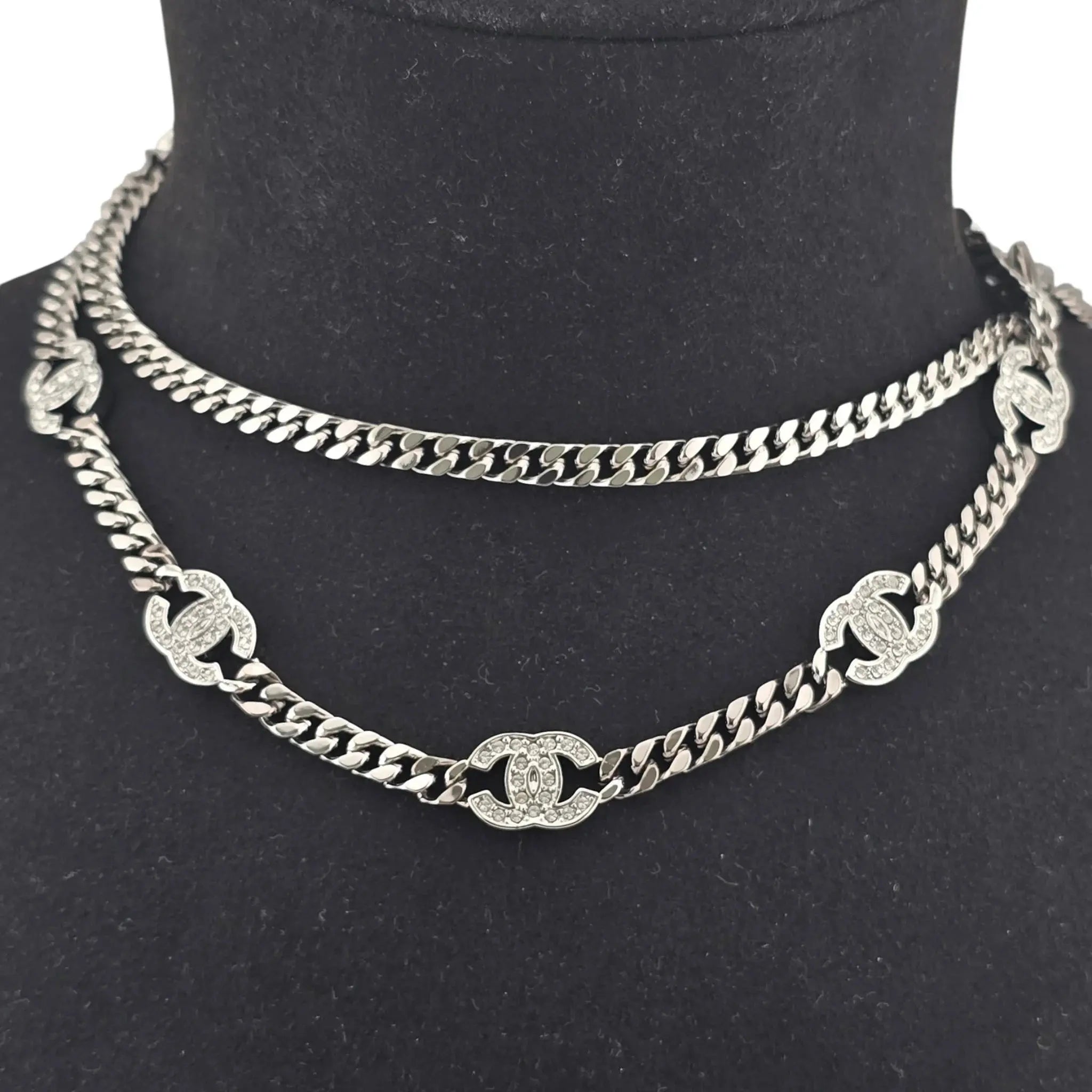 Chanel CC Ruthenium Crystal Chain Silver Long Necklace 2021 CHANEL