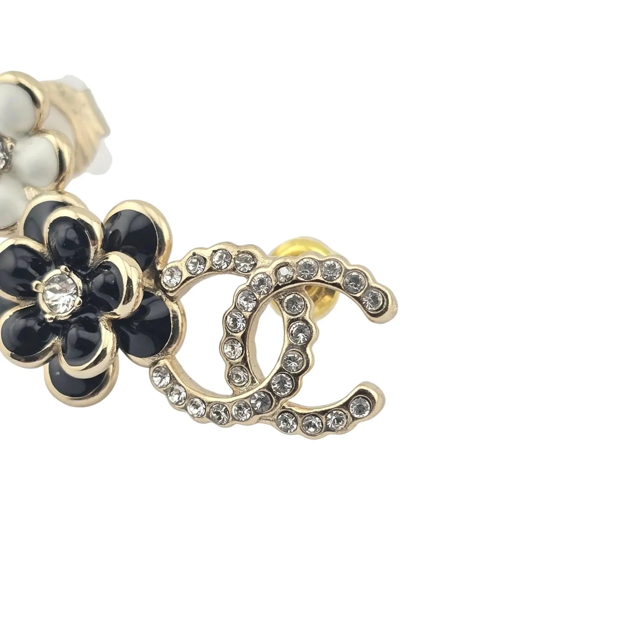 Chanel CC Crystal Enamel Camelia Clip On Stud Earrings Black White CHANEL