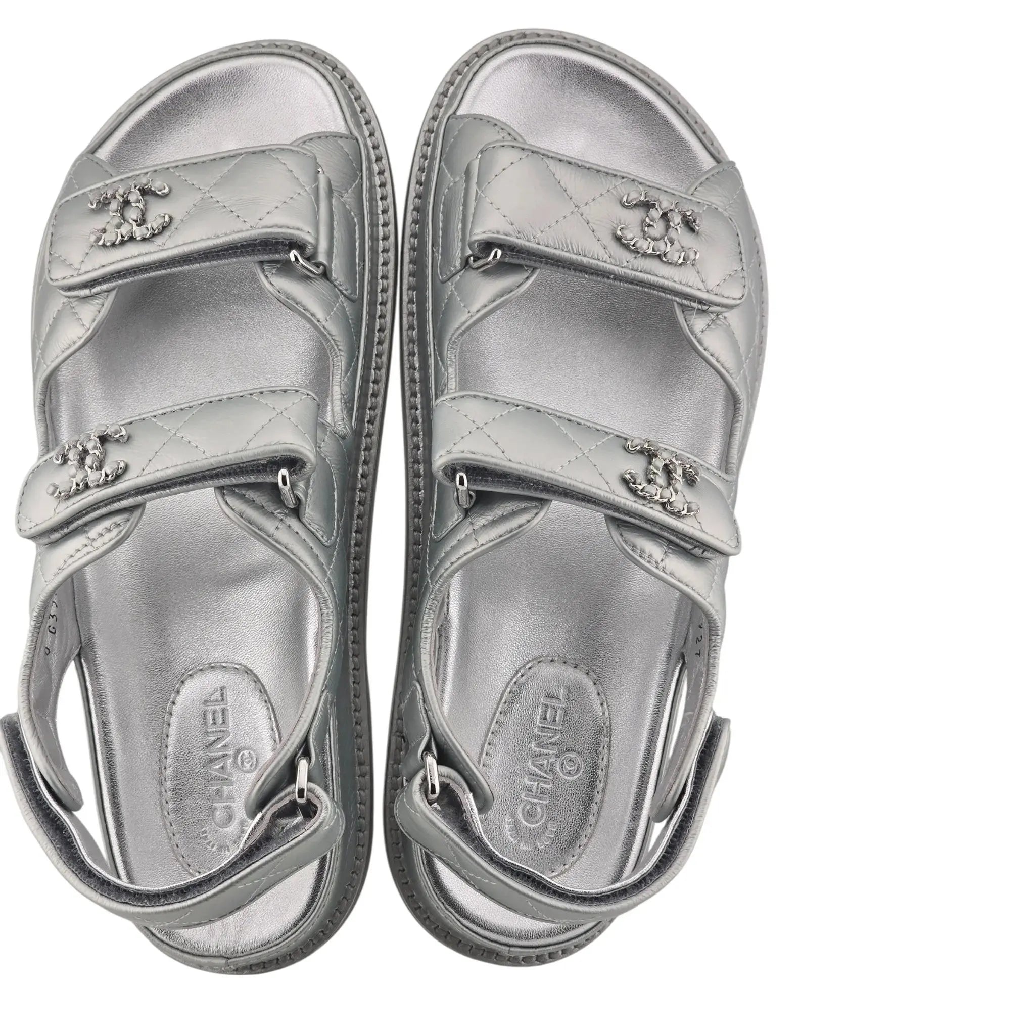 Chanel CC Silver Metallic Leather Dad Sandals CHANEL