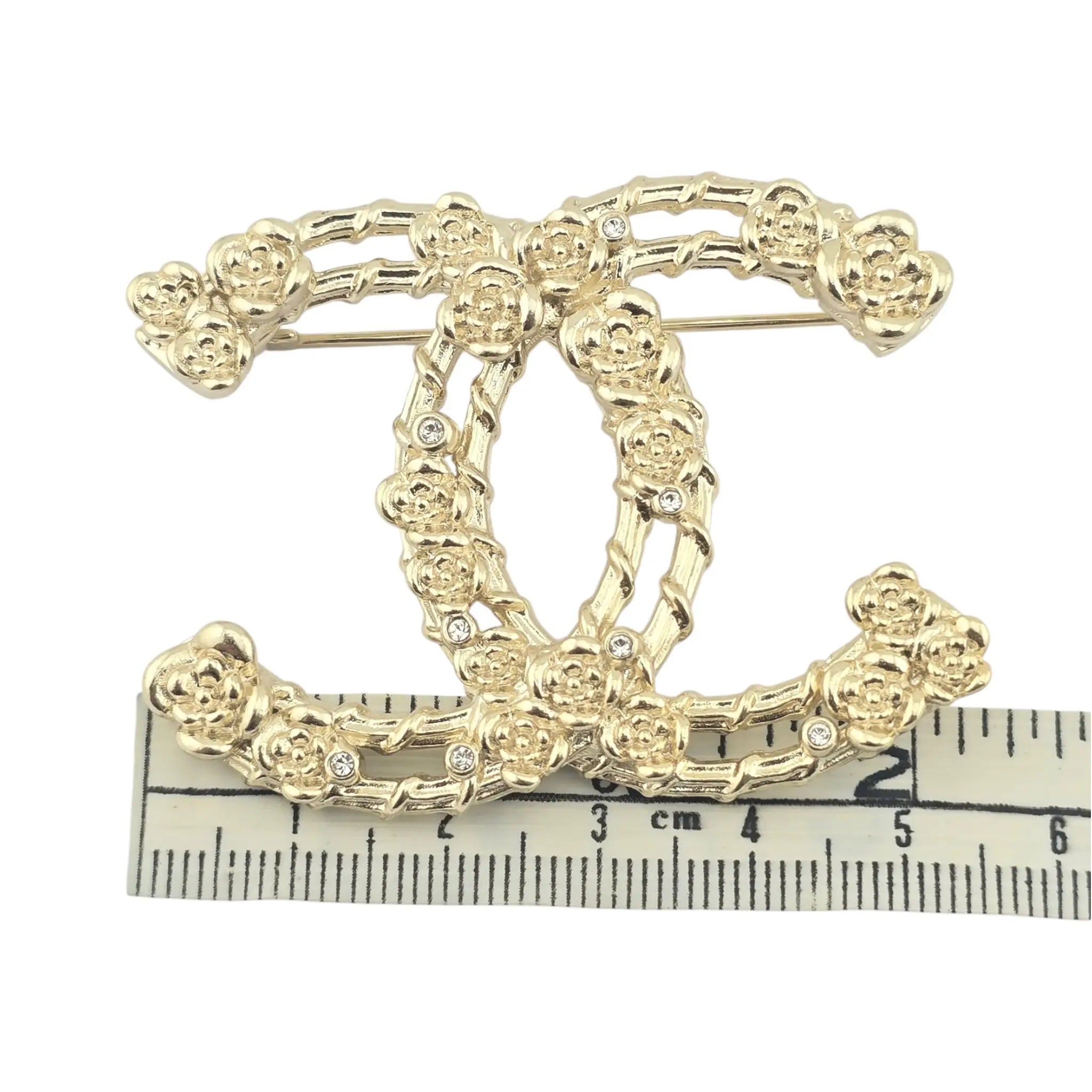 Chanel CC Metal Crystal Camellia Brooch Light Gold CHANEL