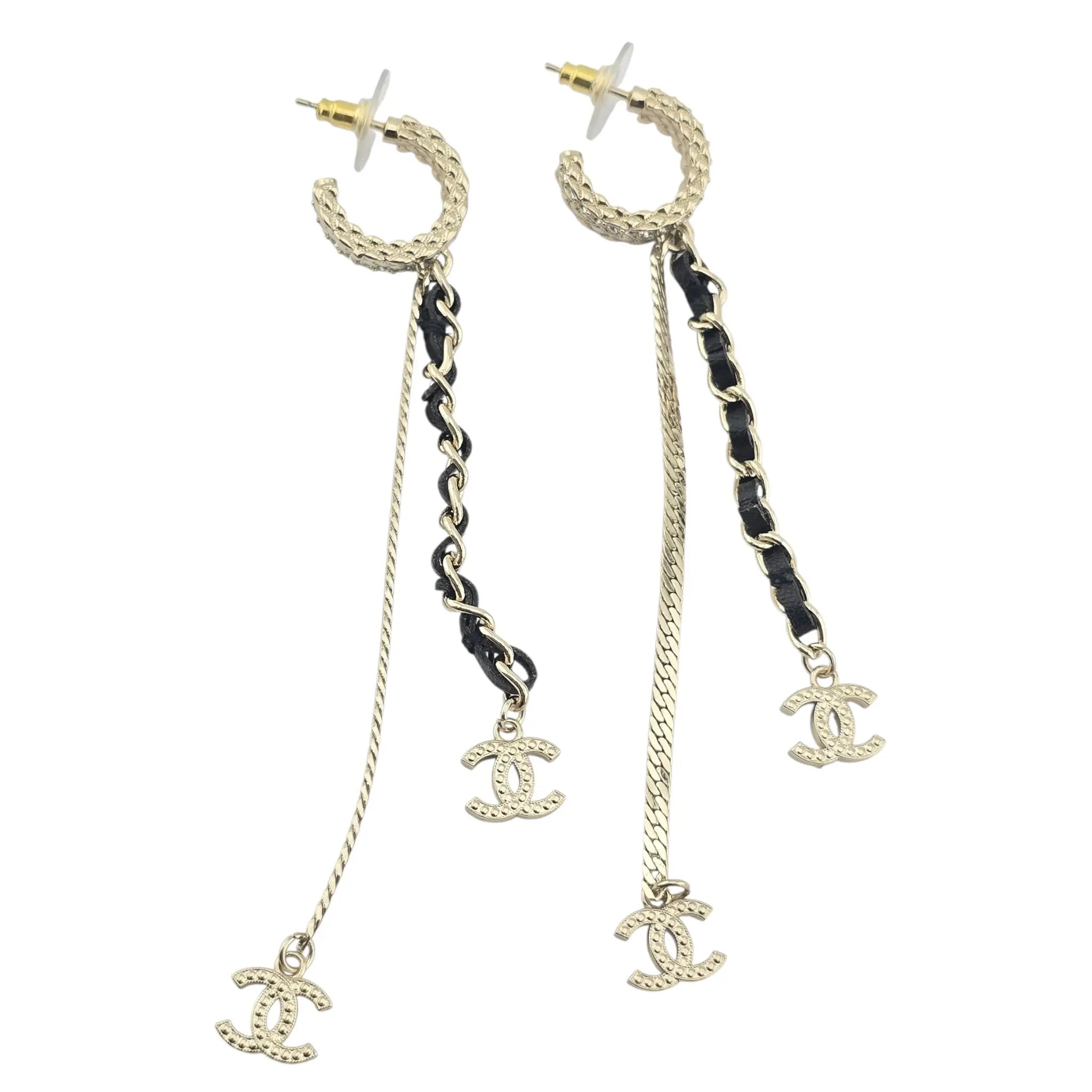 Chanel CC Leather Gold Crystal Earrings 2022