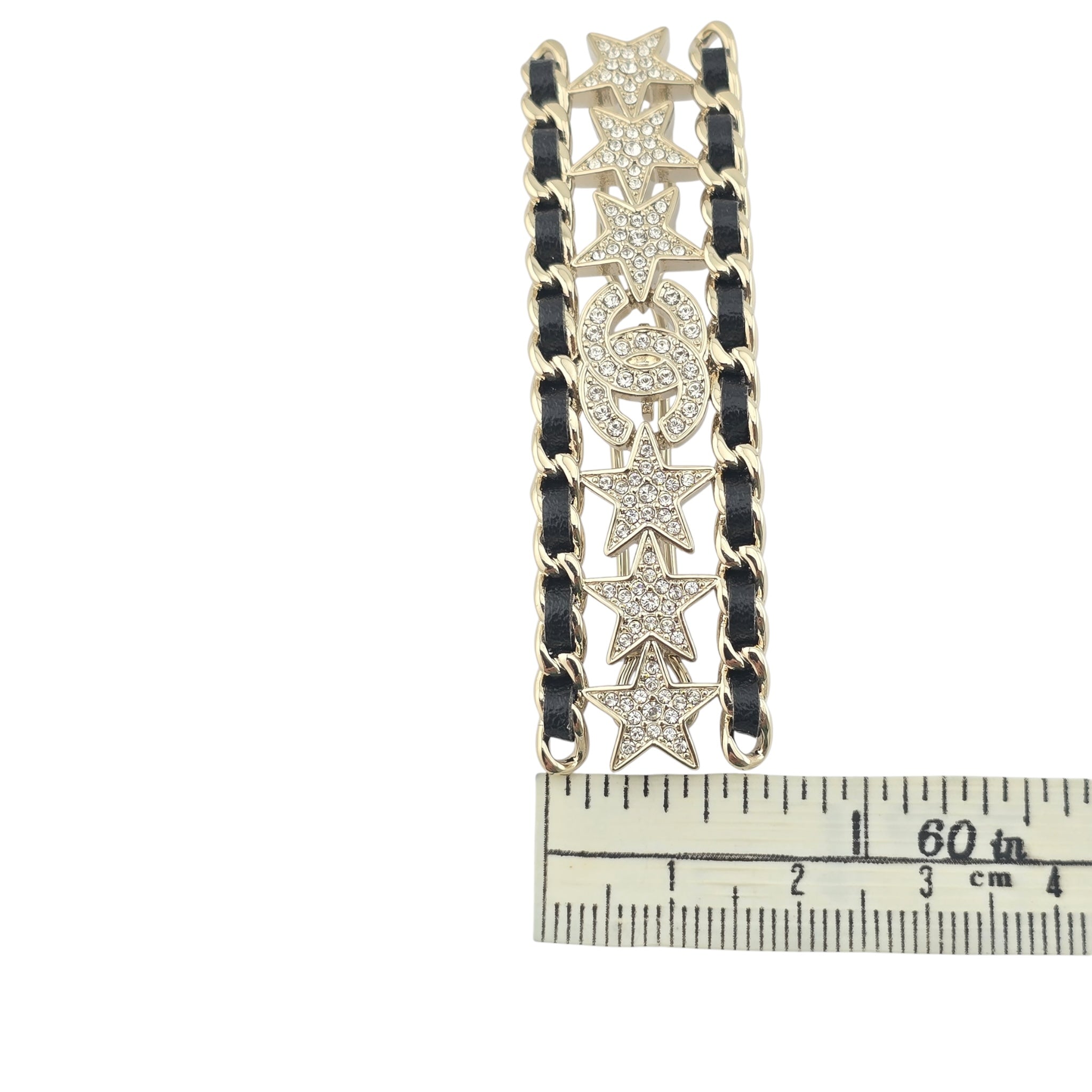 Chanel CC Black Leather Crystal Hair Barrette Clip B23