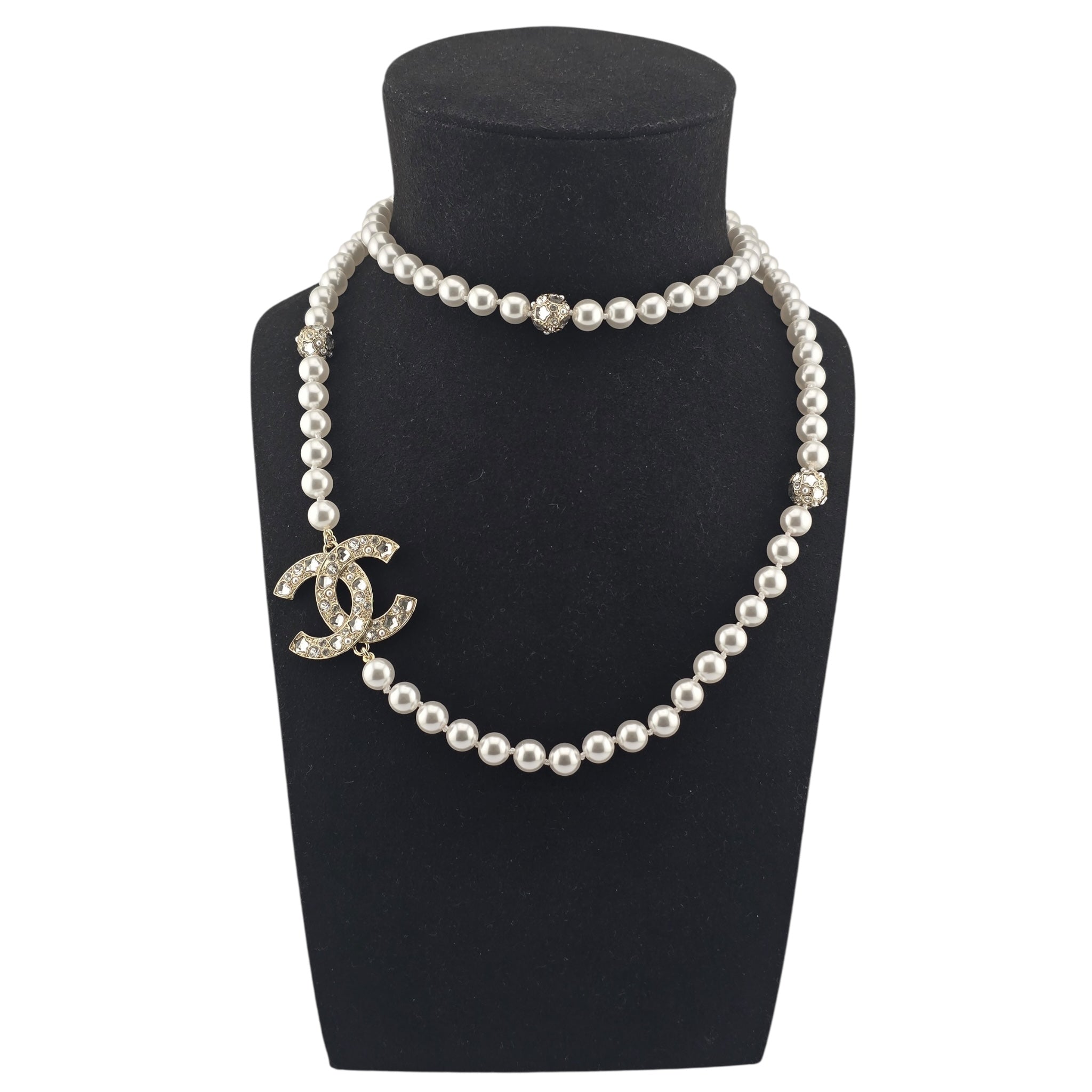 Chanel CC Faux Pearl Crystal Long Necklace 2025