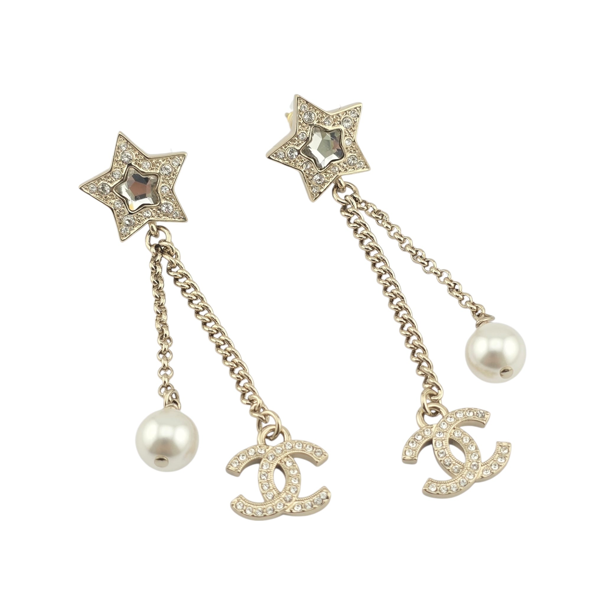 Chanel Crystal Pearl CC Star Drop Earrings Gold 2025