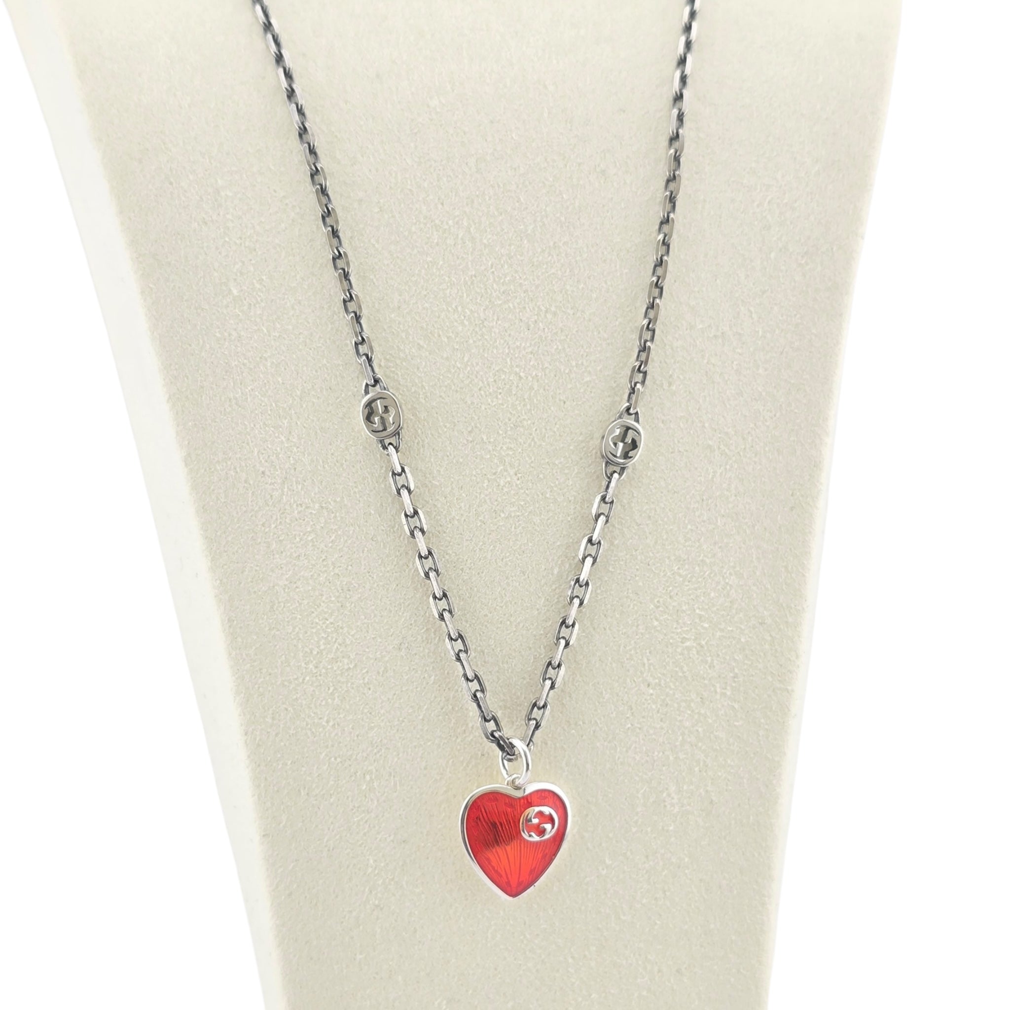 GUCCI Interlocking G Red Heart Silver Necklace GUCCI