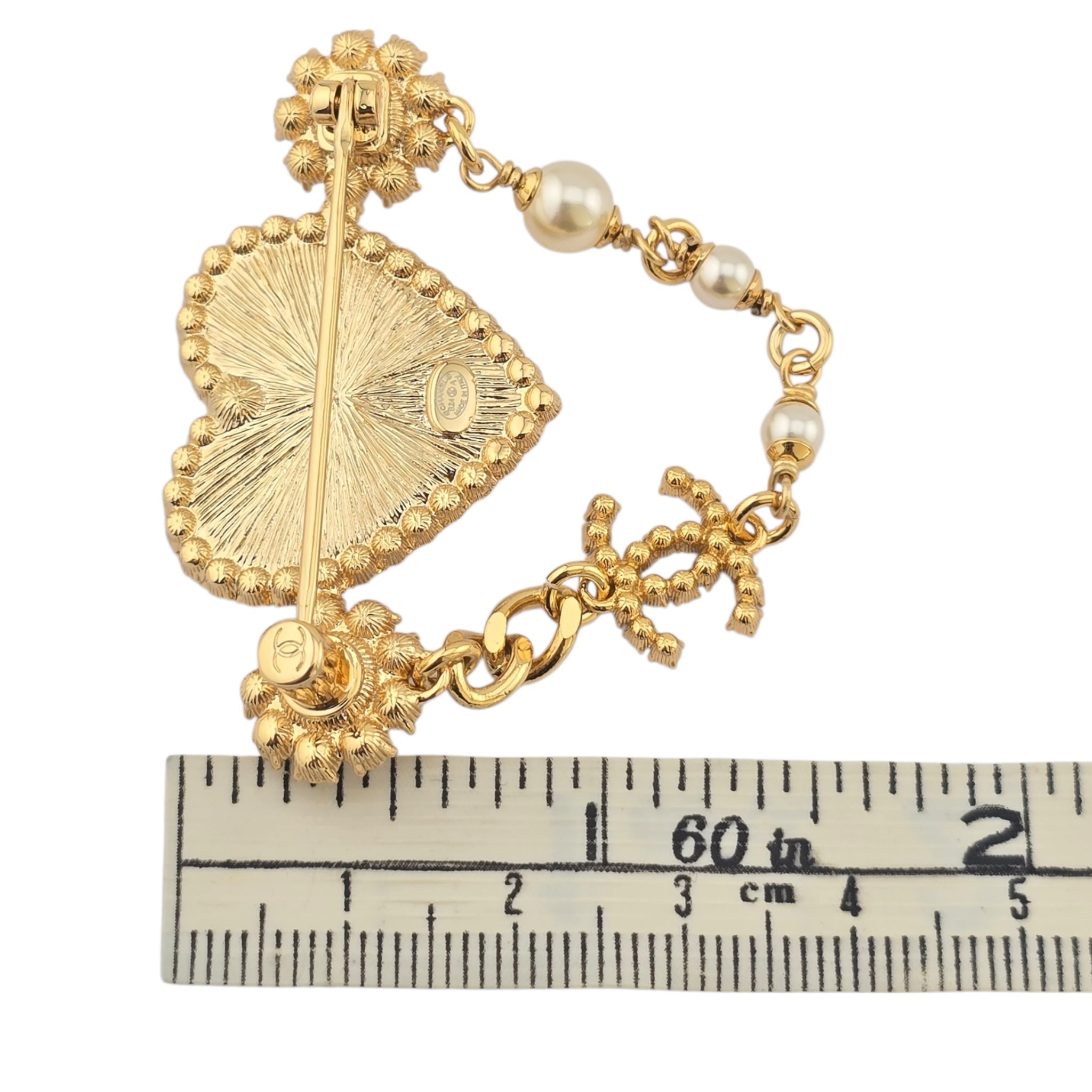 Chanel CC Gold Heart Crystal Faux Pearl Brooch 2024 CHANEL