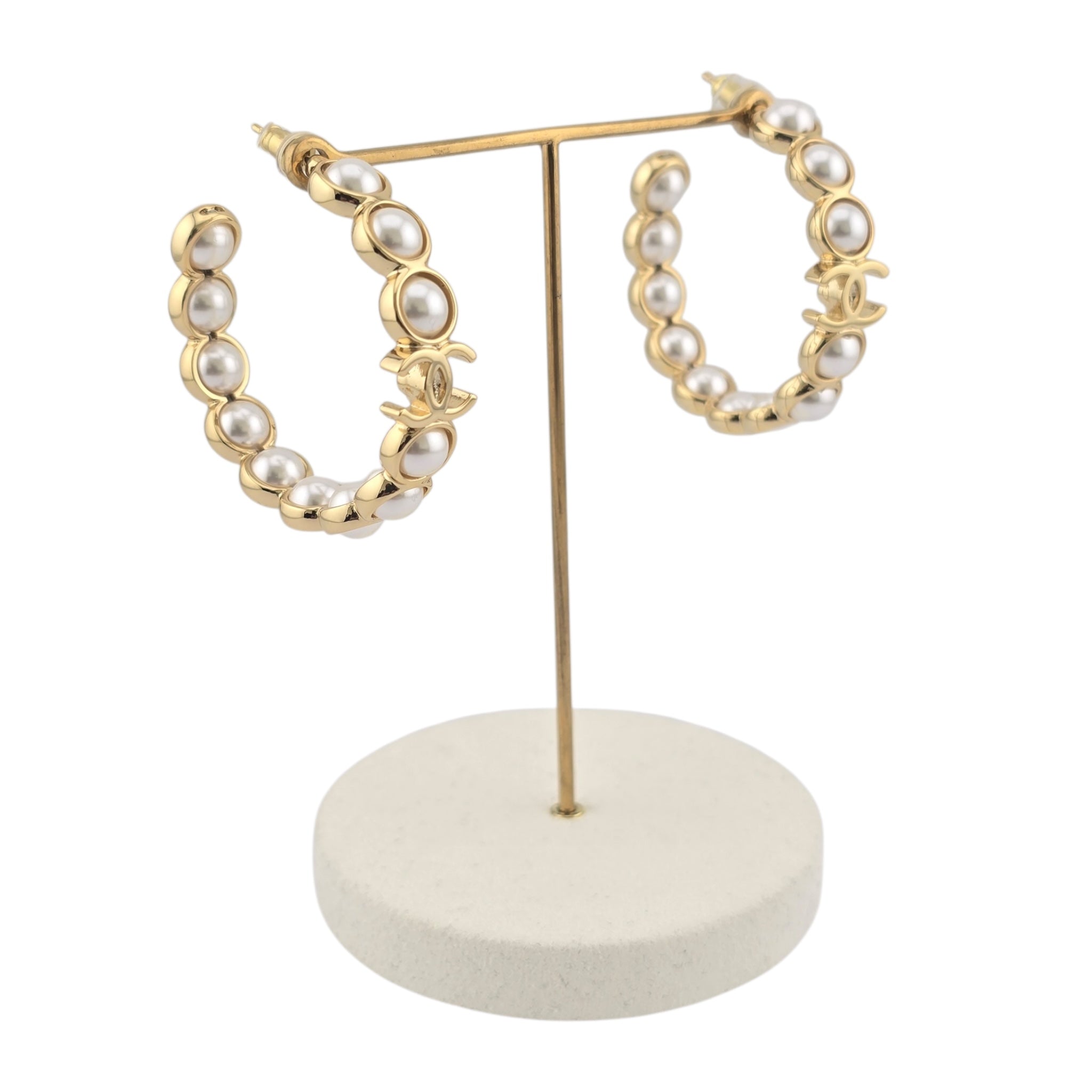 Chanel CC Faux Pearl Gold Hoop Earrings 2024 CHANEL
