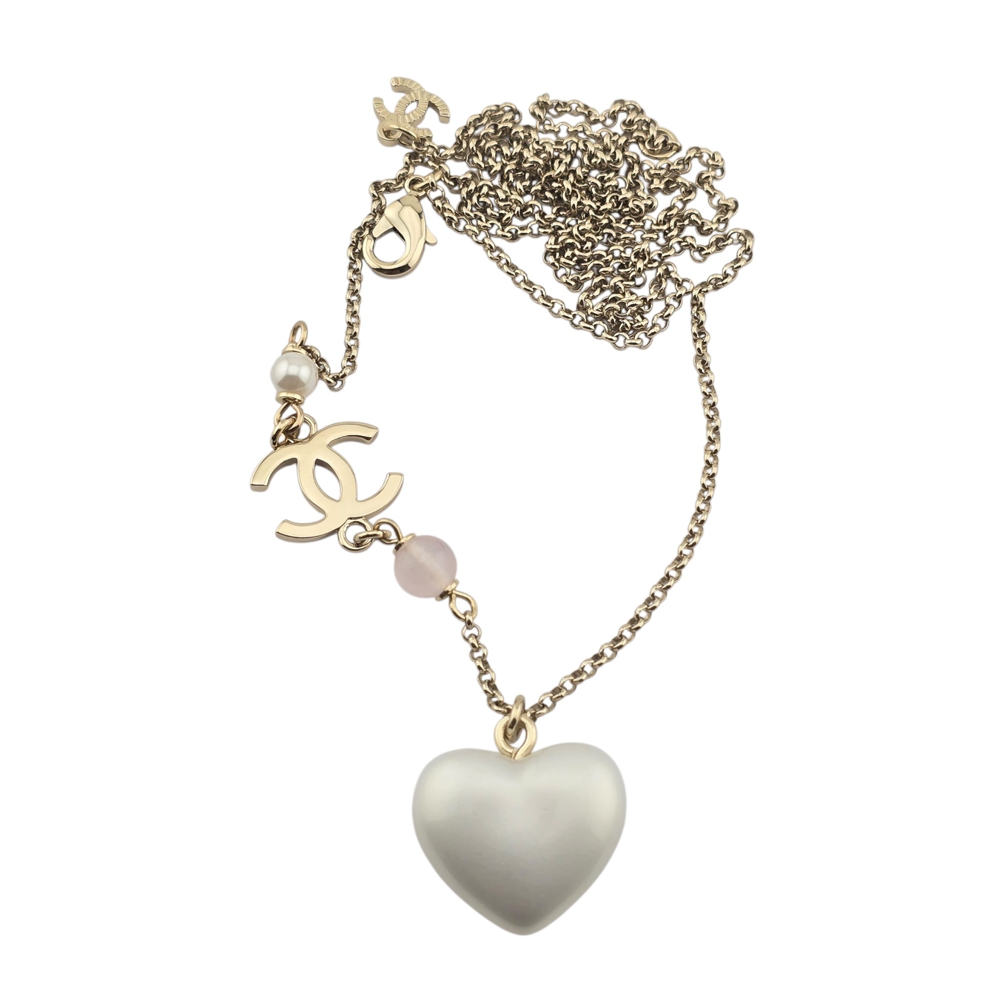 Chanel CC Pearl Crystal Heart Gold Necklace A21