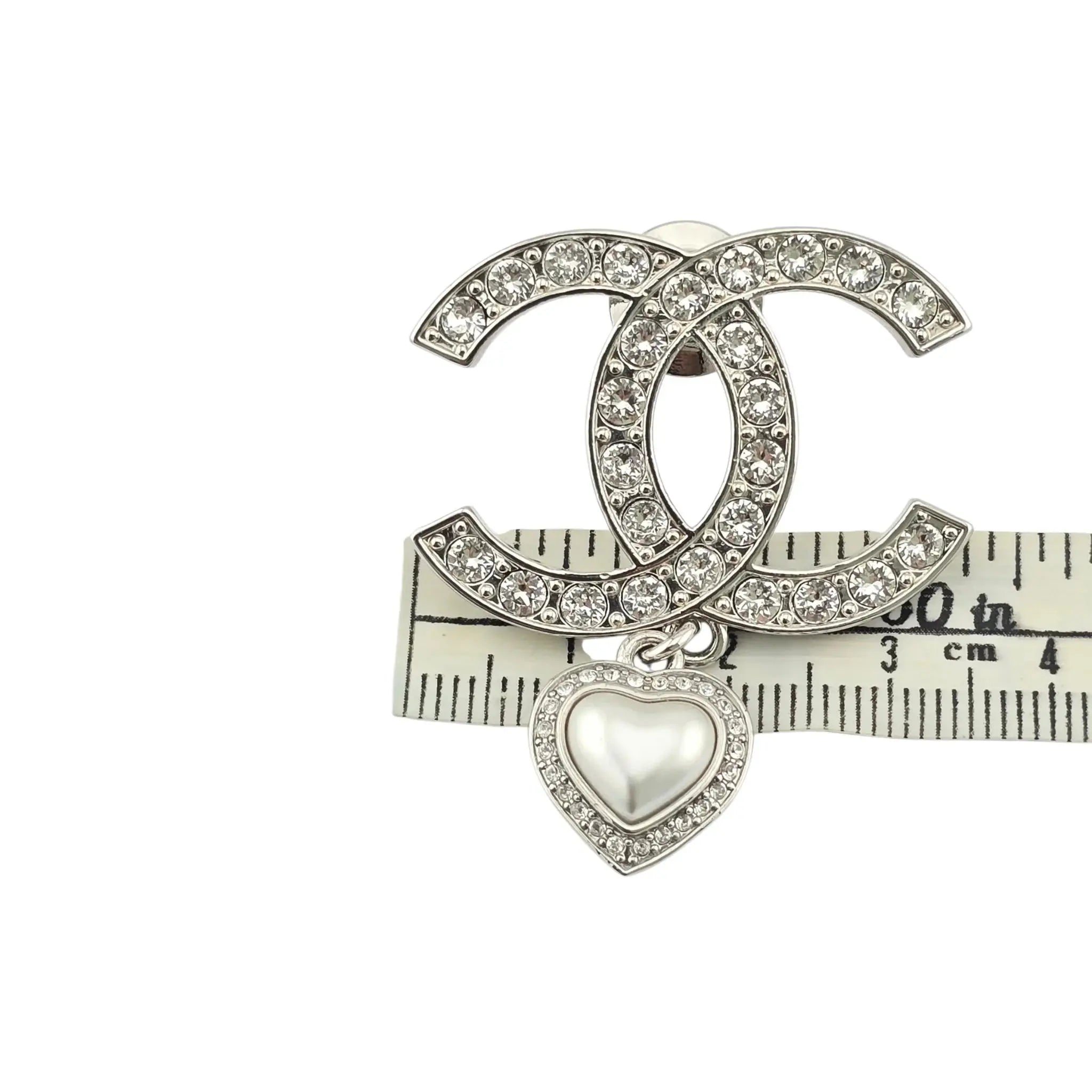 Chanel Crystal Pearl CC Heart Drop Brooch Silver B23 CHANEL
