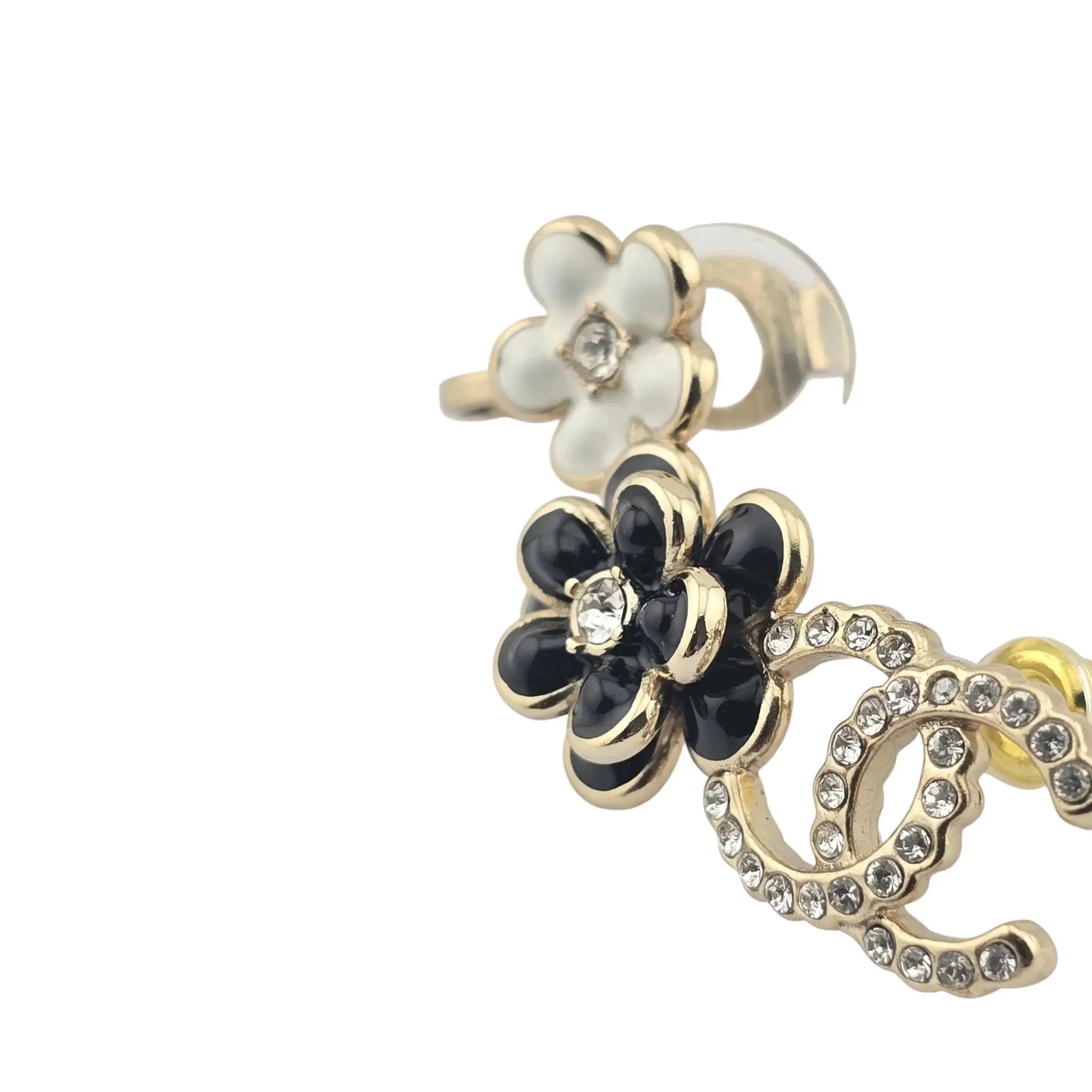 Chanel CC Crystal Enamel Camelia Clip On Stud Earrings Black White CHANEL