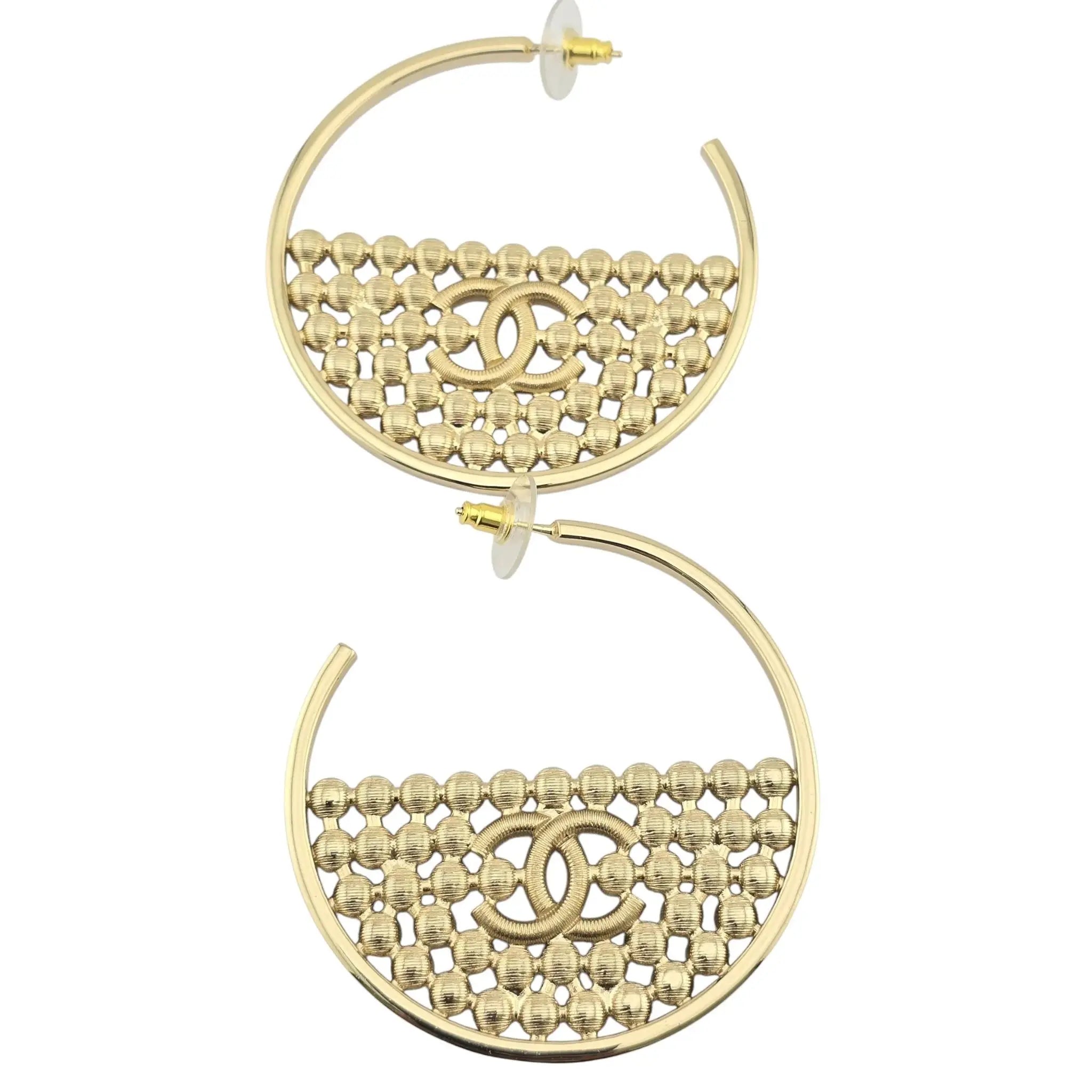 Chanel CC Black Crystal Gold Hoop Earrings SS23 CHANEL
