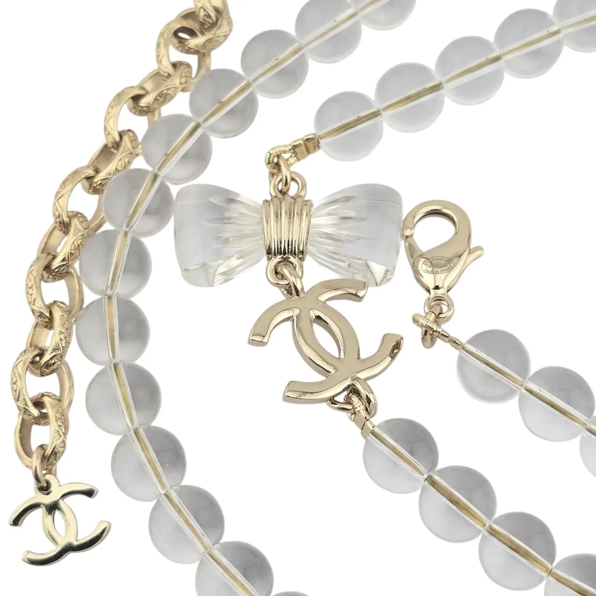 Chanel CC Clear Bead Long Bow Necklace 2025 CHANEL